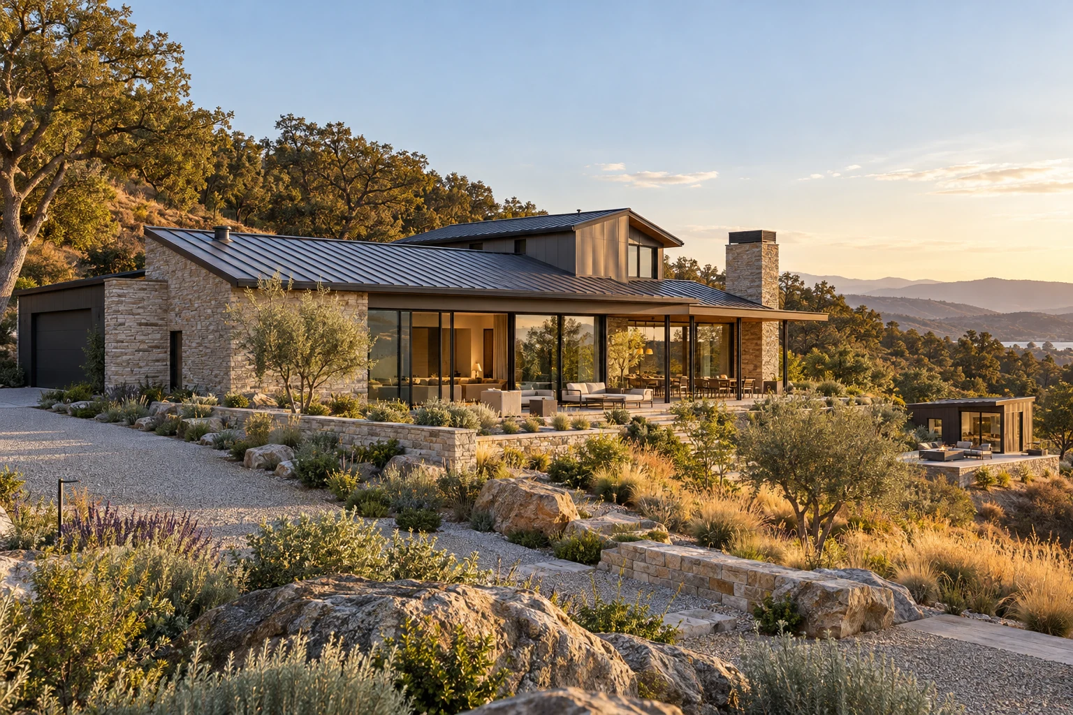 Original editorial view of a contemporary wildfire-resilient home with a metal roof and low-fuel landscape