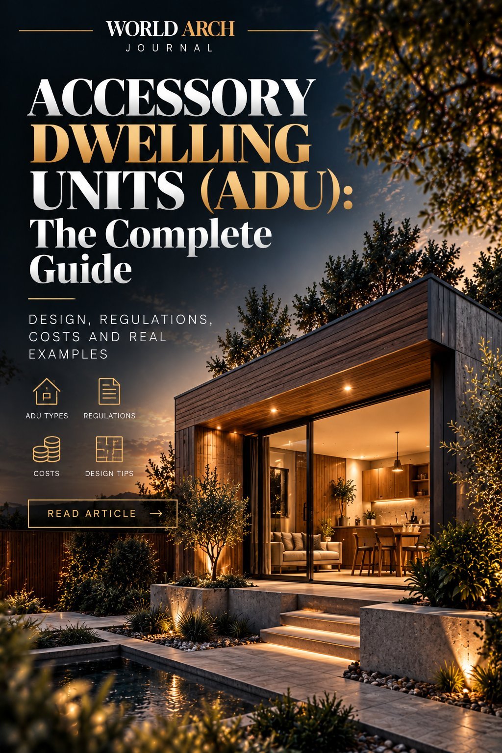 World Arch Journal cover: Accessory Dwelling Units (ADU) — The Complete Guide to design, regulations, costs and real examples, over a timber backyard cottage at dusk