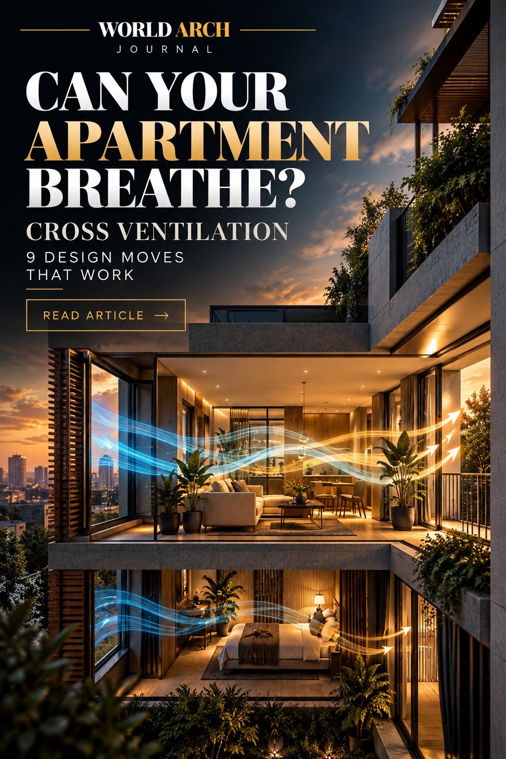 World Arch Journal cover: Can Your Apartment Breathe? Cross Ventilation — 9 design moves that work, over an apartment interior with an open air path