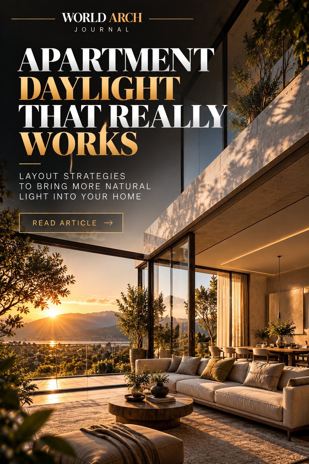 World Arch Journal cover: Apartment Daylight That Really Works — layout strategies to bring more natural light into your home, over a sunlit apartment living space at sunset