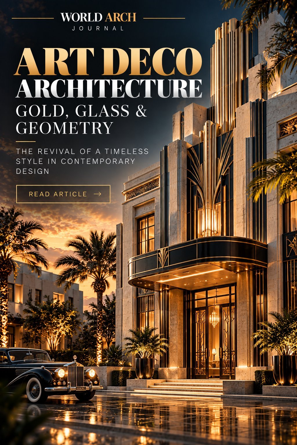 World Arch Journal cover: Art Deco Architecture — gold, glass and geometry; the revival of a timeless style in contemporary design, over a gilded Art Deco building entrance at dusk