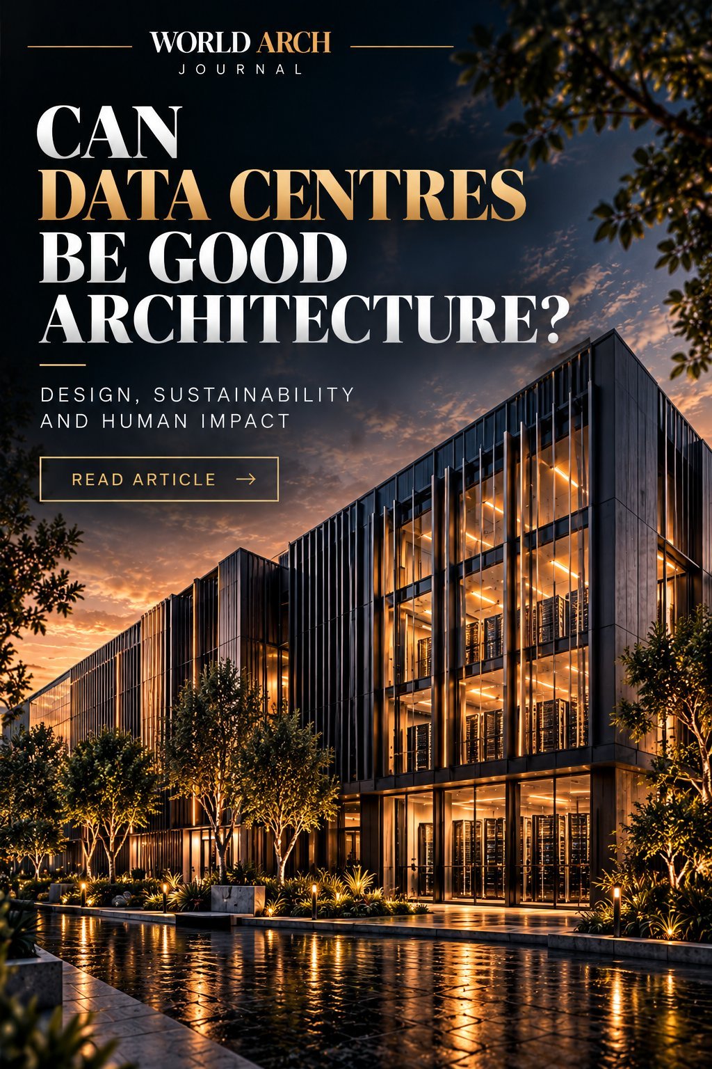 World Arch Journal cover: Can Data Centres Be Good Architecture? — design, sustainability and human impact, over a data-centre building at dusk