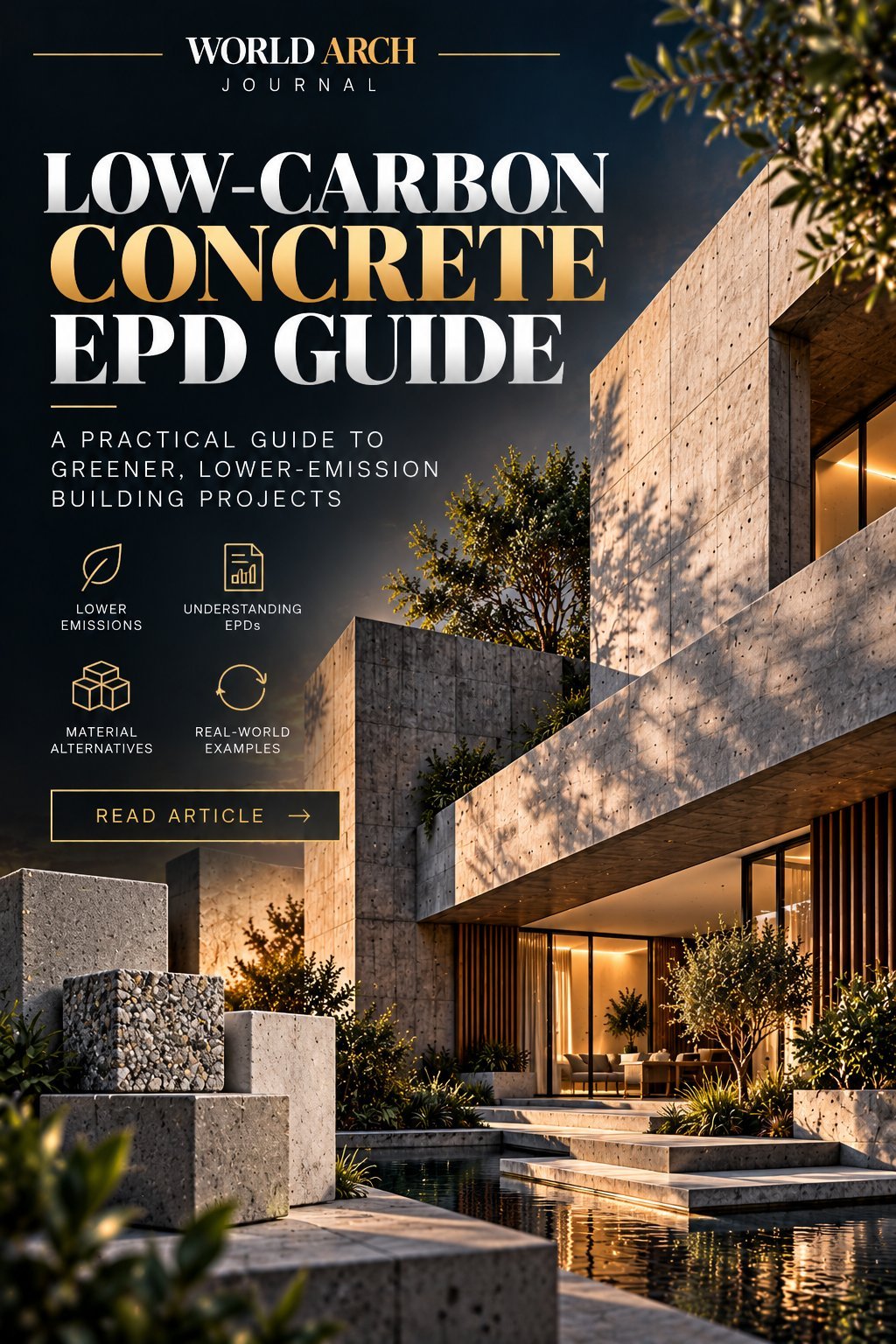 World Arch Journal cover: Low-Carbon Concrete EPD Guide — a practical guide to greener, lower-emission building projects, over a board-formed concrete house and concrete sample blocks