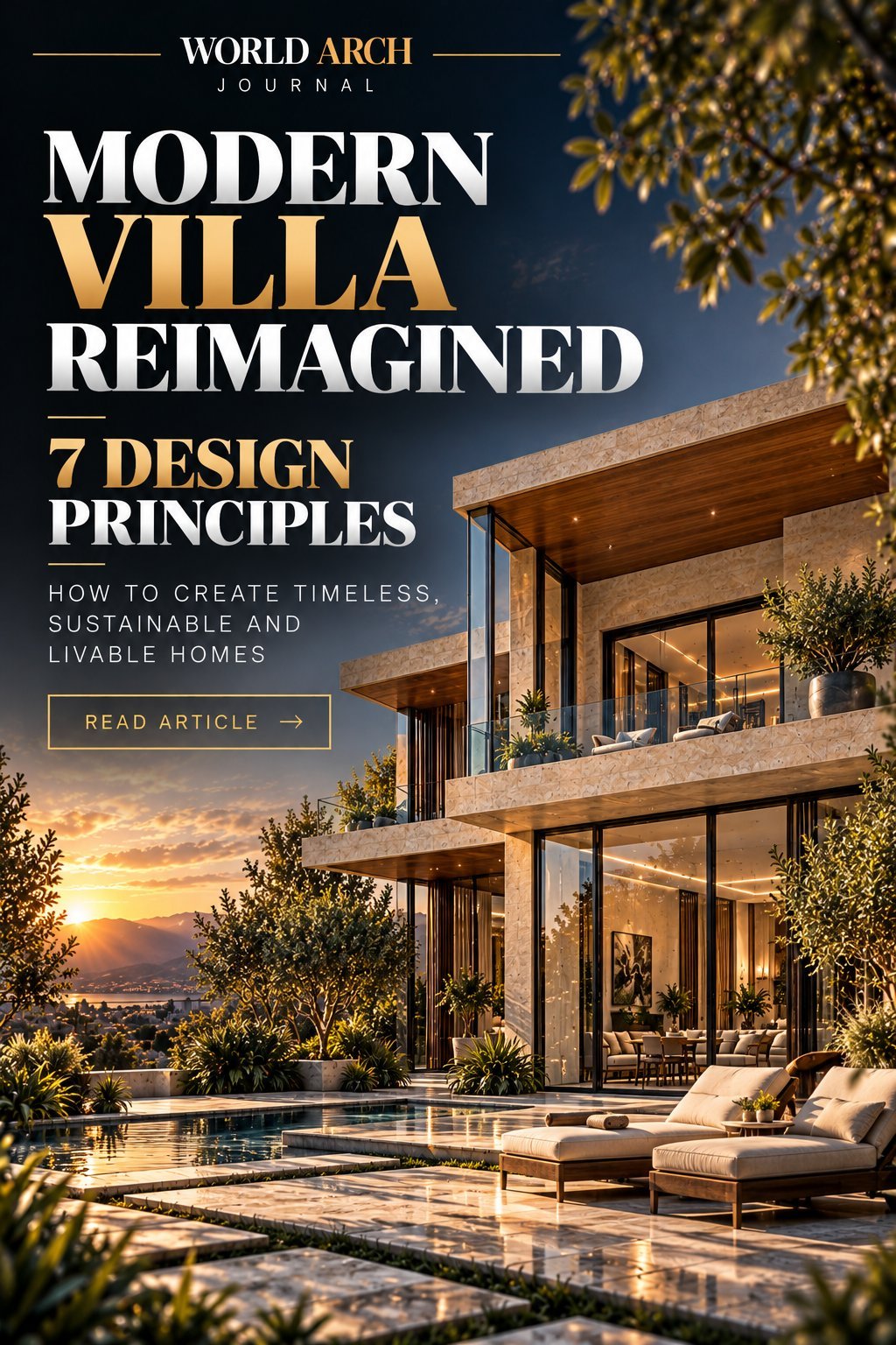World Arch Journal cover: Modern Villa Reimagined — 7 design principles for timeless, sustainable and liveable homes, over a stone and glass villa with a pool at dusk