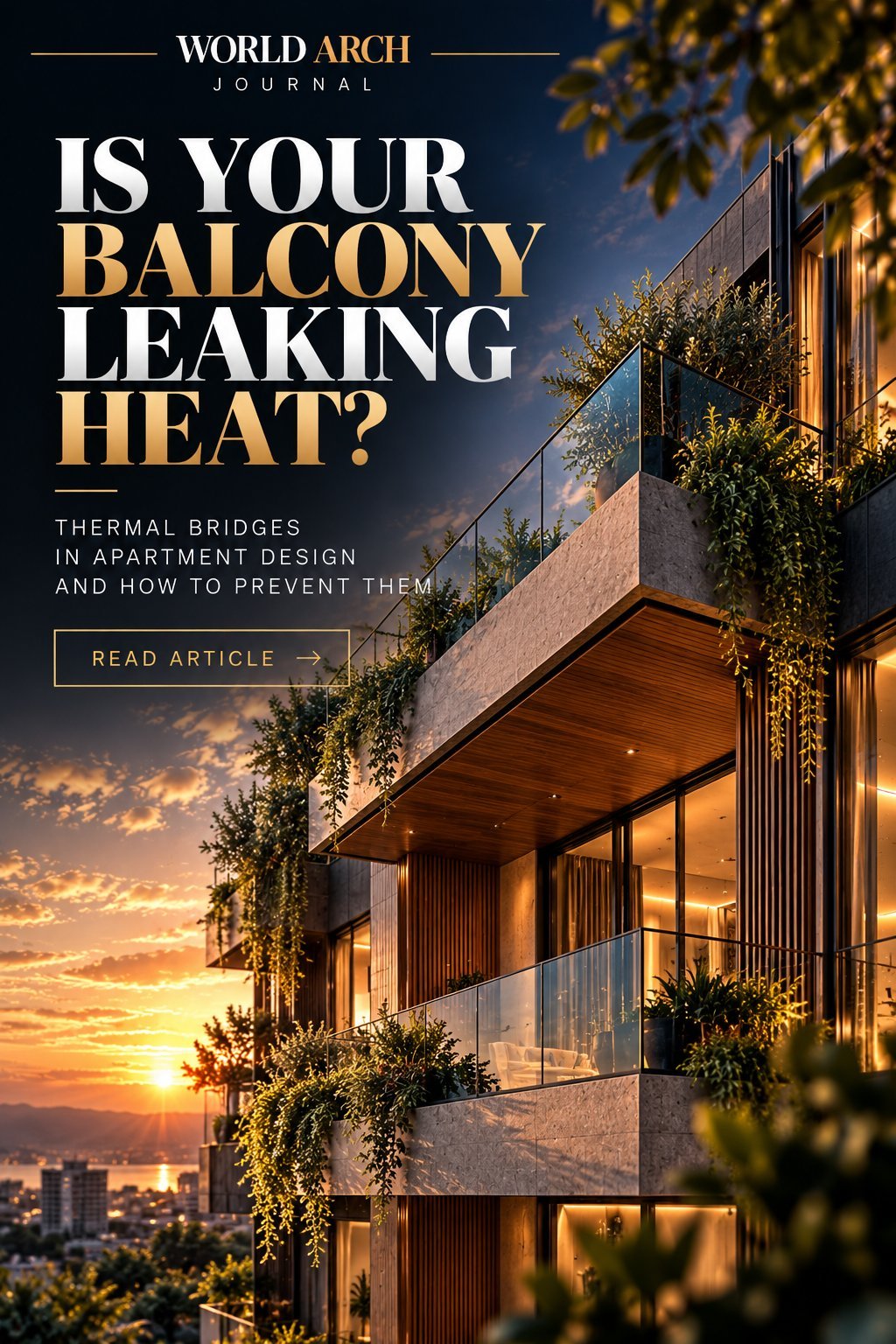 World Arch Journal cover: Is Your Balcony Leaking Heat? Thermal bridges in apartment design and how to prevent them, over a thermographic view of an apartment balcony