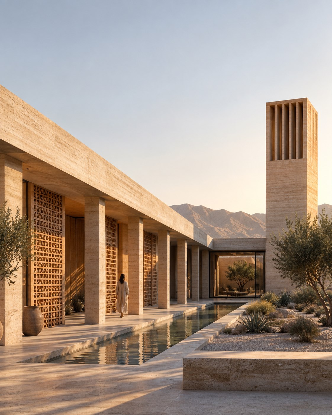 Exterior concept view of Courtyard Wind House with a shaded colonnade, water court and wind-catcher