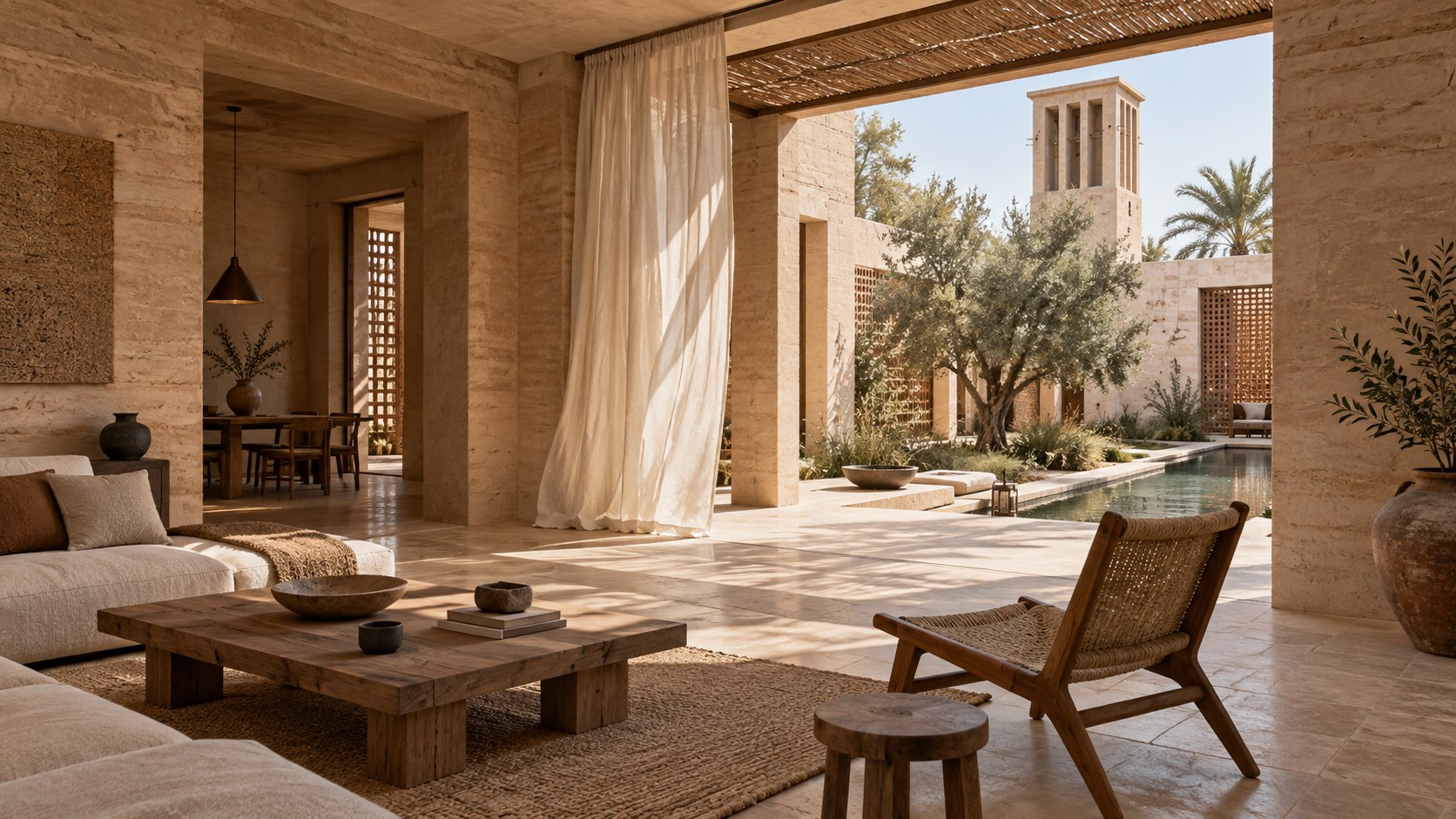 Conceptual interior of Courtyard Wind House opening onto a shaded planted courtyard