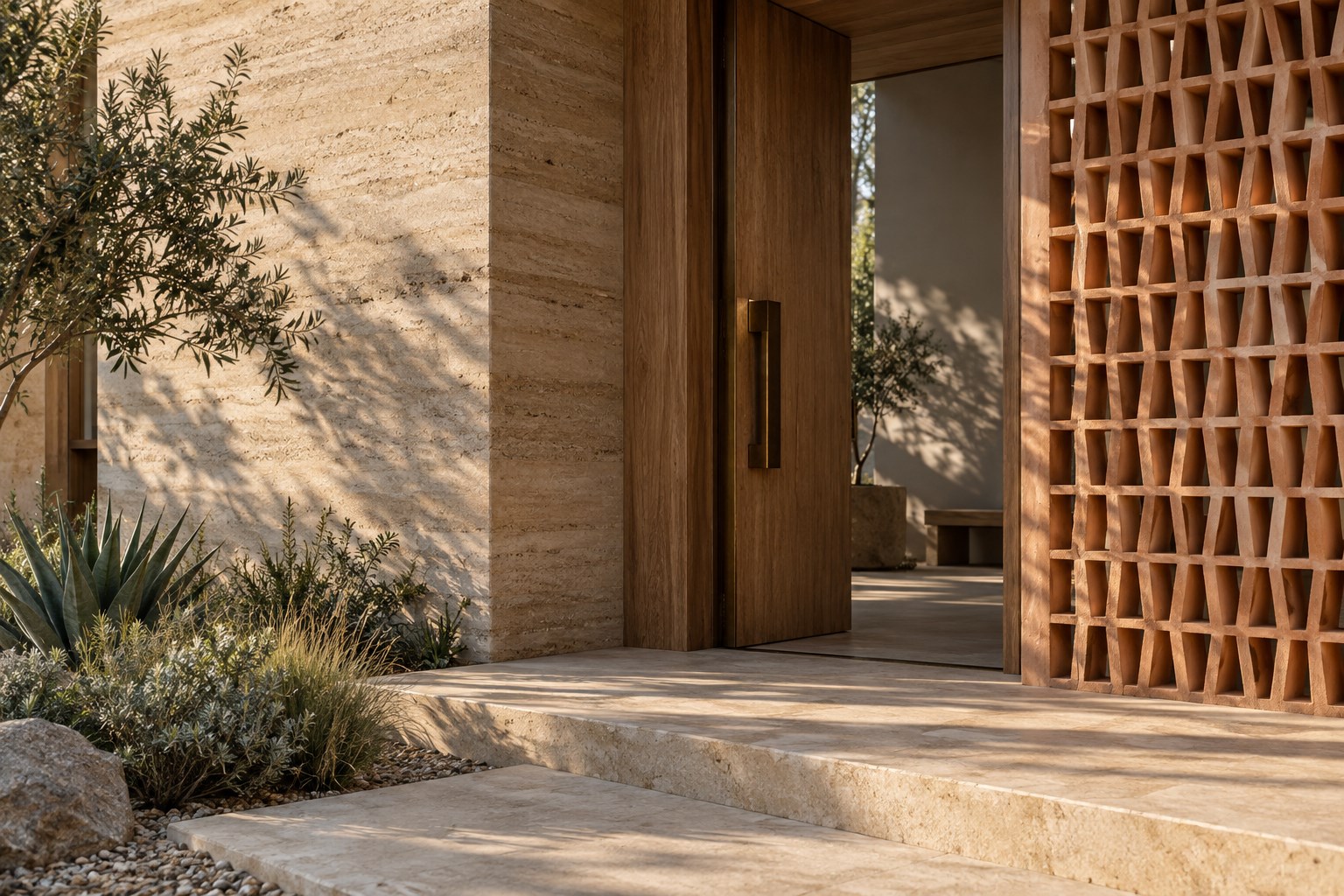 Rammed earth wall, timber door, limestone threshold and terracotta screen material study