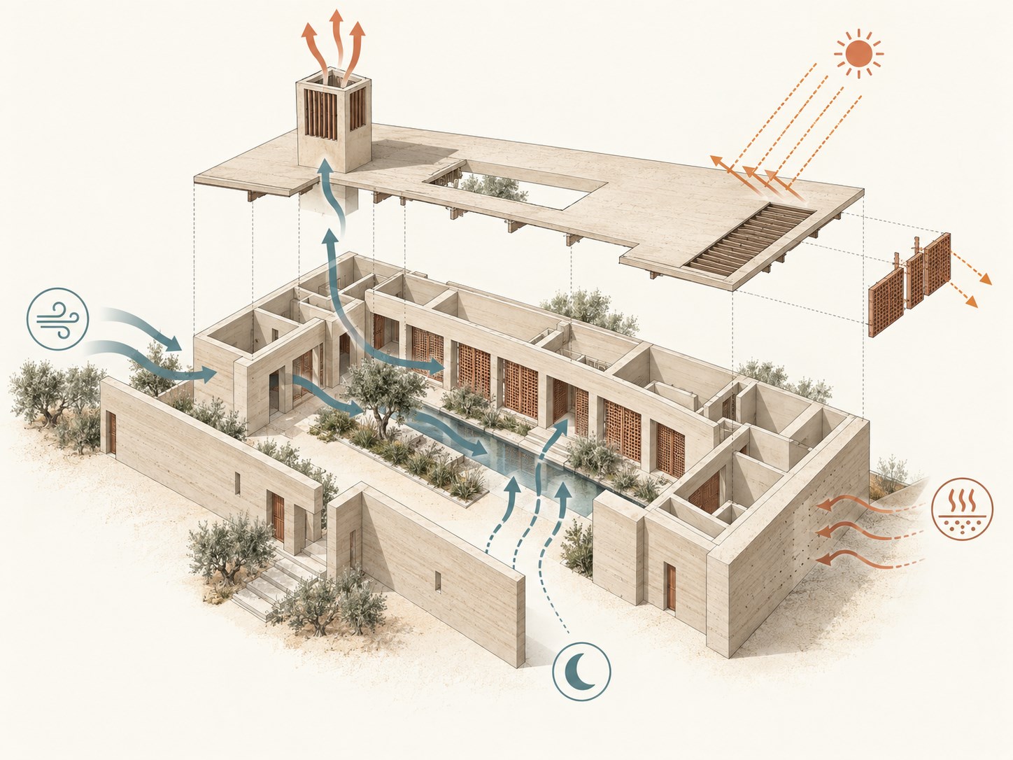 Exploded axonometric showing passive cooling strategies for Courtyard Wind House