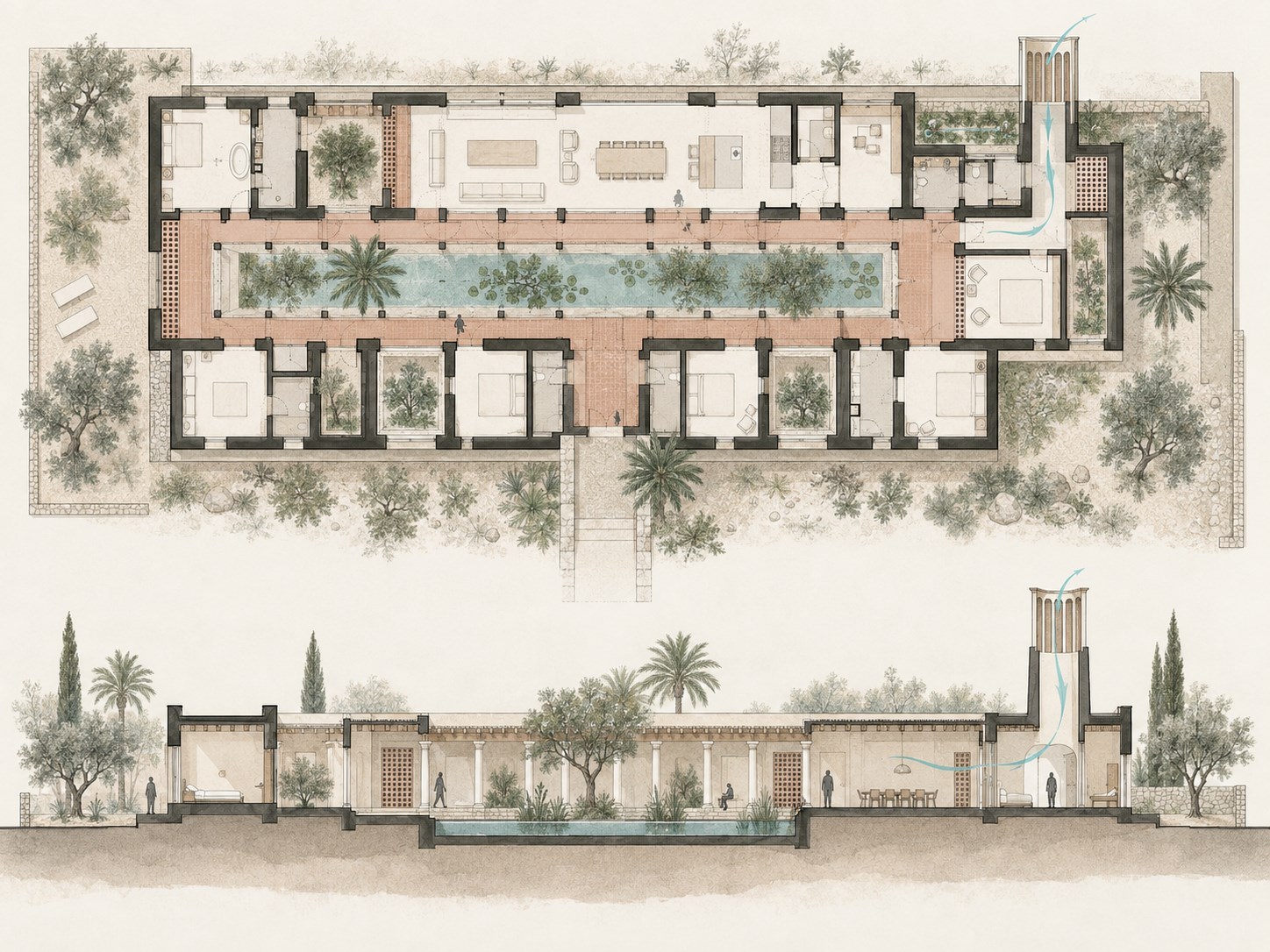 Concept plan and longitudinal section of Courtyard Wind House