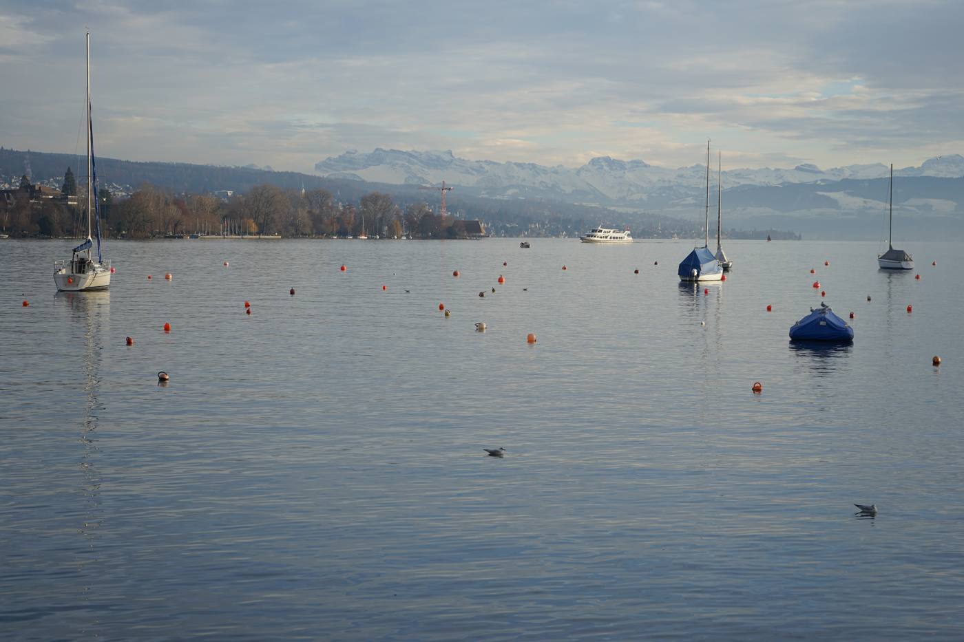 A winter day in Zurich, looking across Lake Zurich toward the Alps