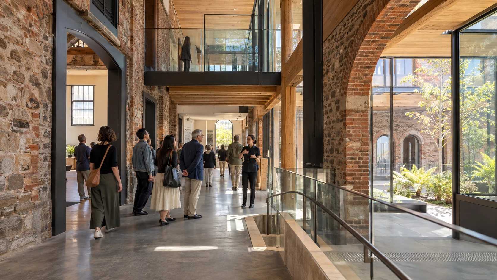 AI-generated editorial scene of visitors exploring an adapted heritage building with brick, timber, glass and accessible circulation