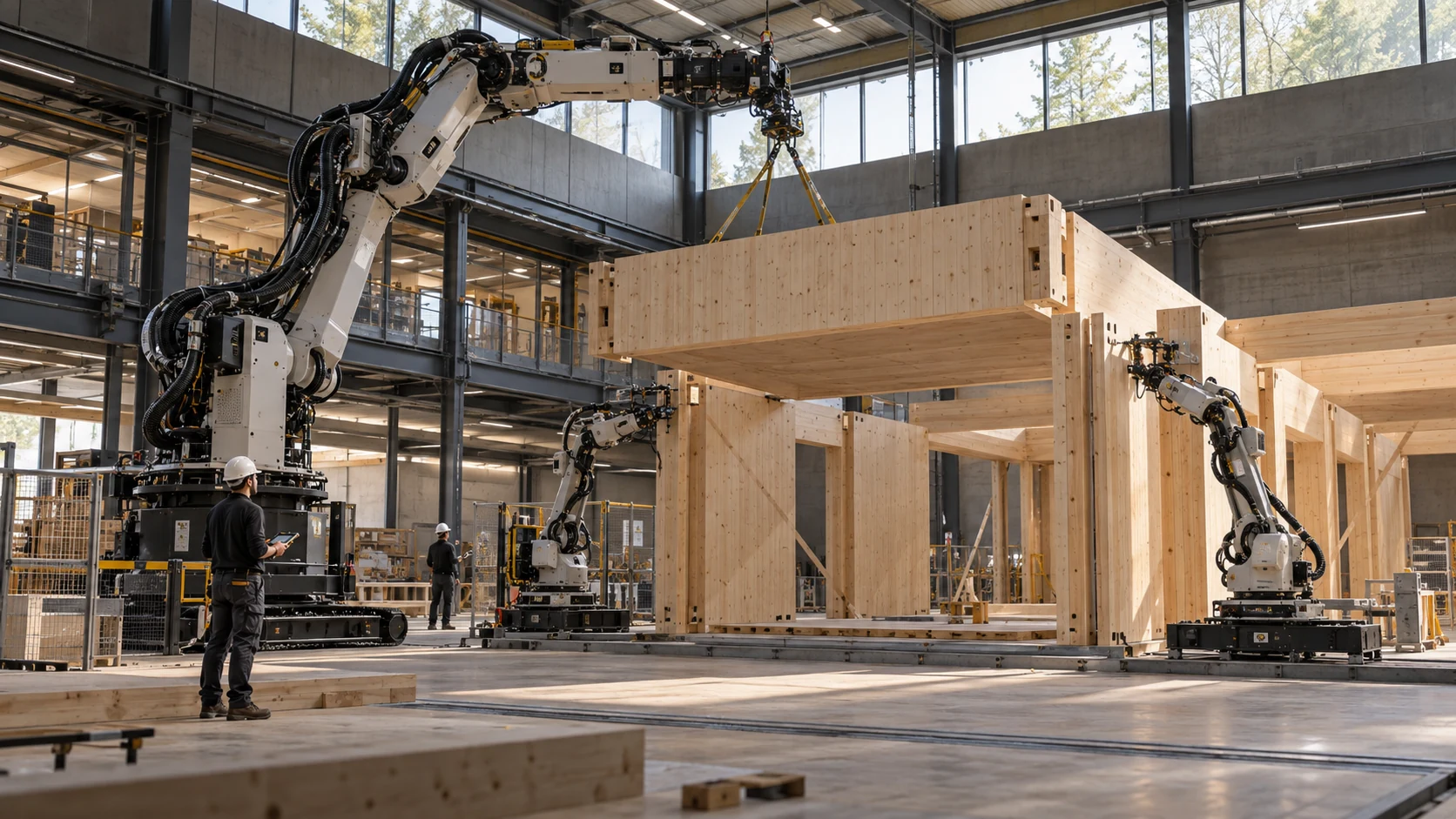 AI-generated editorial scene of coordinated industrial robots assembling a modular timber structure in a research construction hall