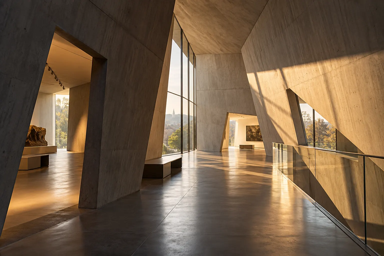 Conceptual editorial image of a contemporary cultural interior with angled walls, framed views and warm daylight