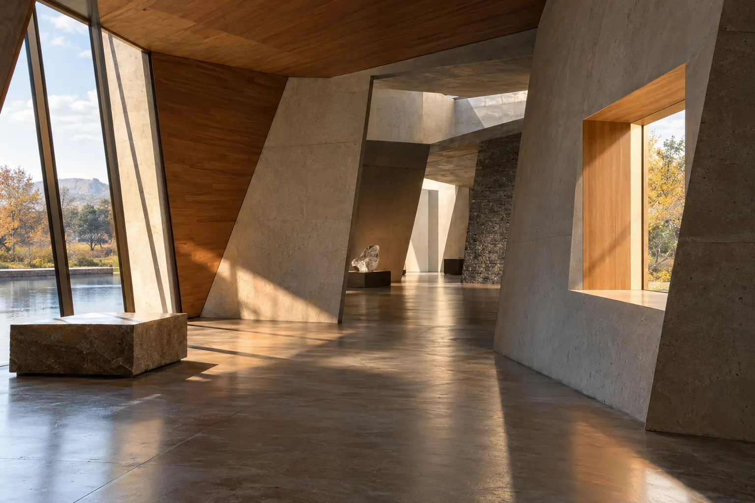 Conceptual editorial image of a visitor path through a contemporary cultural interior, with concrete walls and warm natural light
