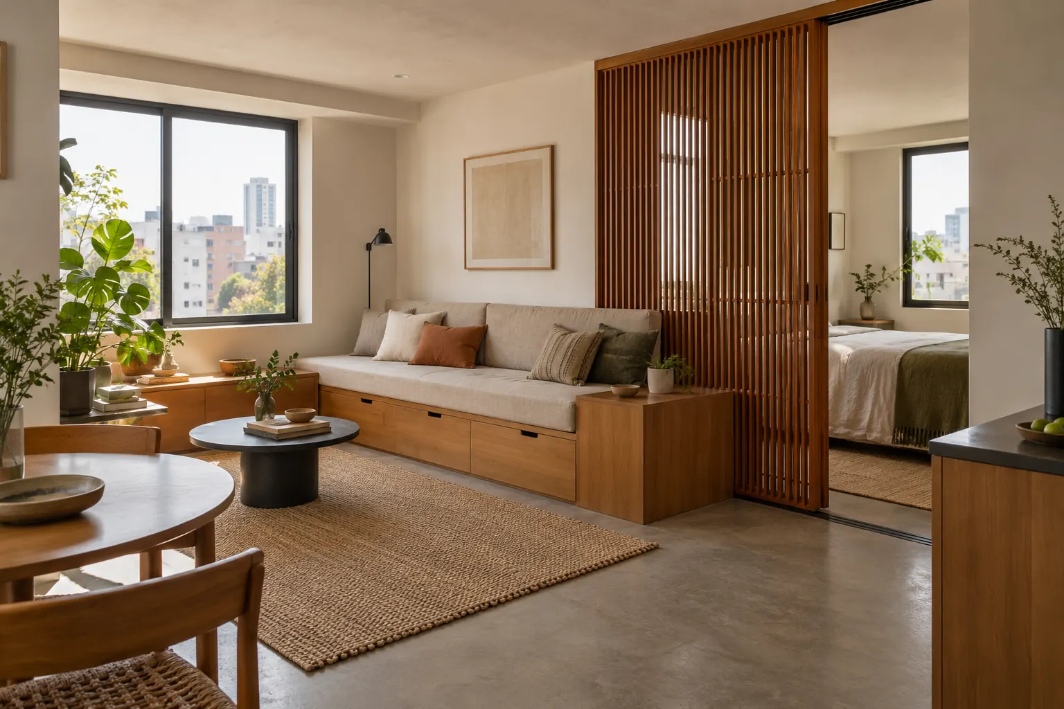 Conceptual editorial image of a compact apartment with built-in sofa storage and a timber slatted screen separating the bedroom