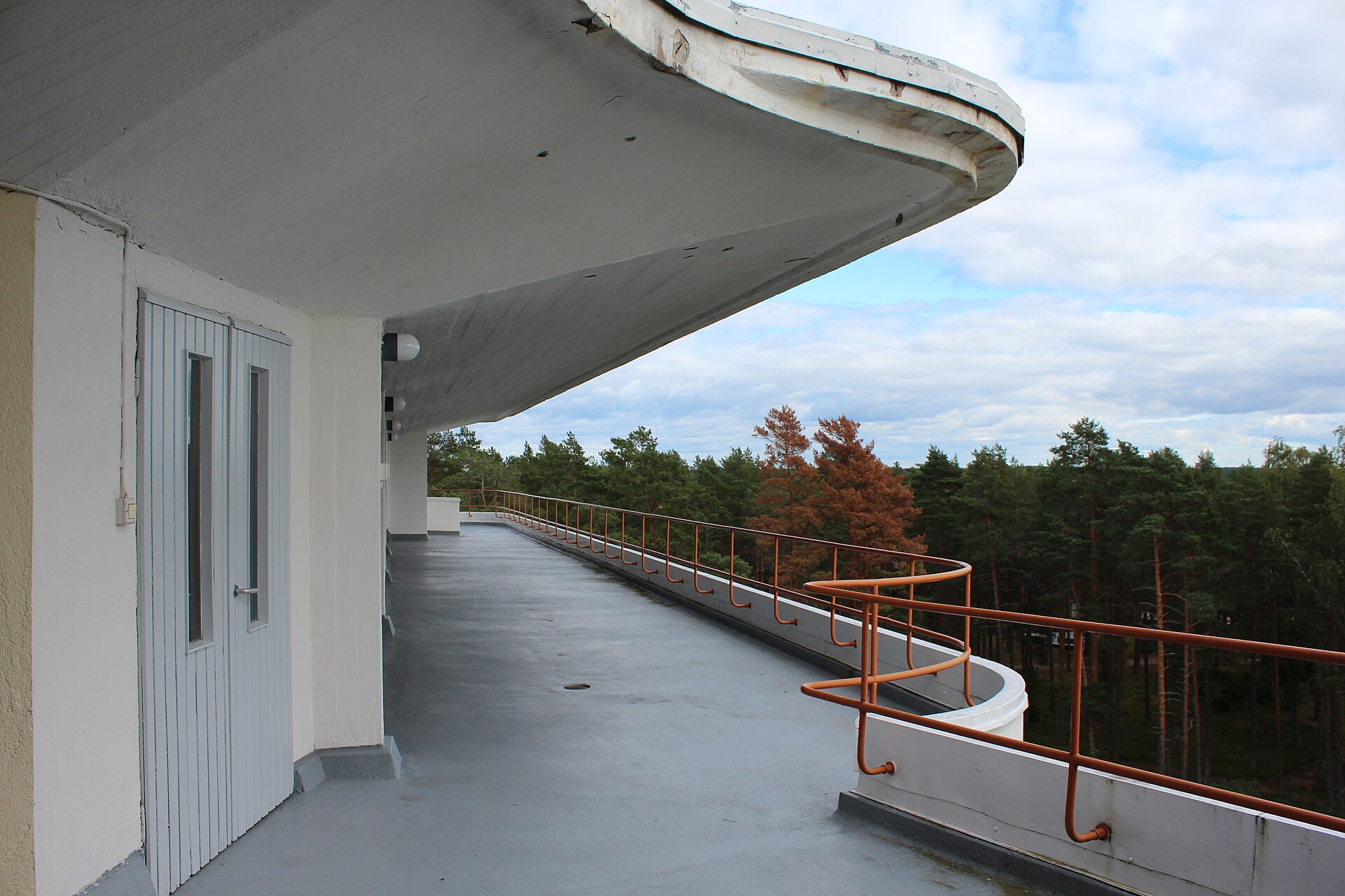 Covered terrace of Paimio Sanatorium in Finland photographed in 2022
