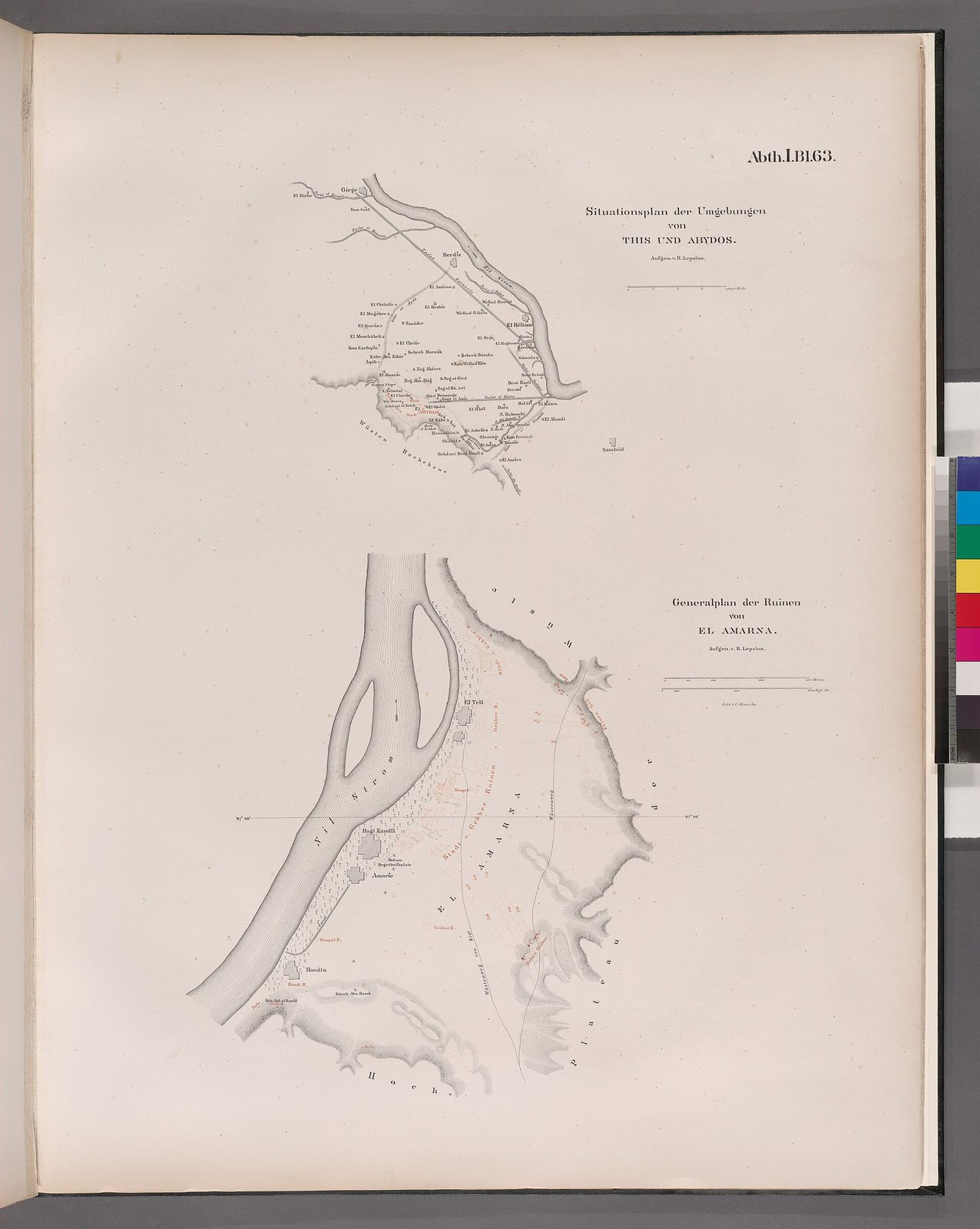 Nineteenth-century survey plan of the ruins of el-Amarna, from the Prussian expedition's atlas: the city spread along the Nile's east bank beneath the cliffs