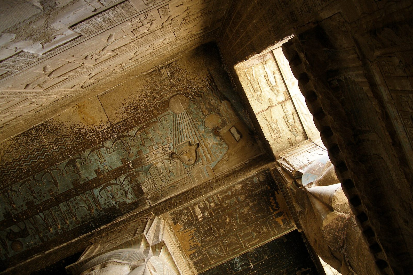 The astronomical ceiling of the Hathor temple at Dendera: bands of zodiac figures and deities in painted relief