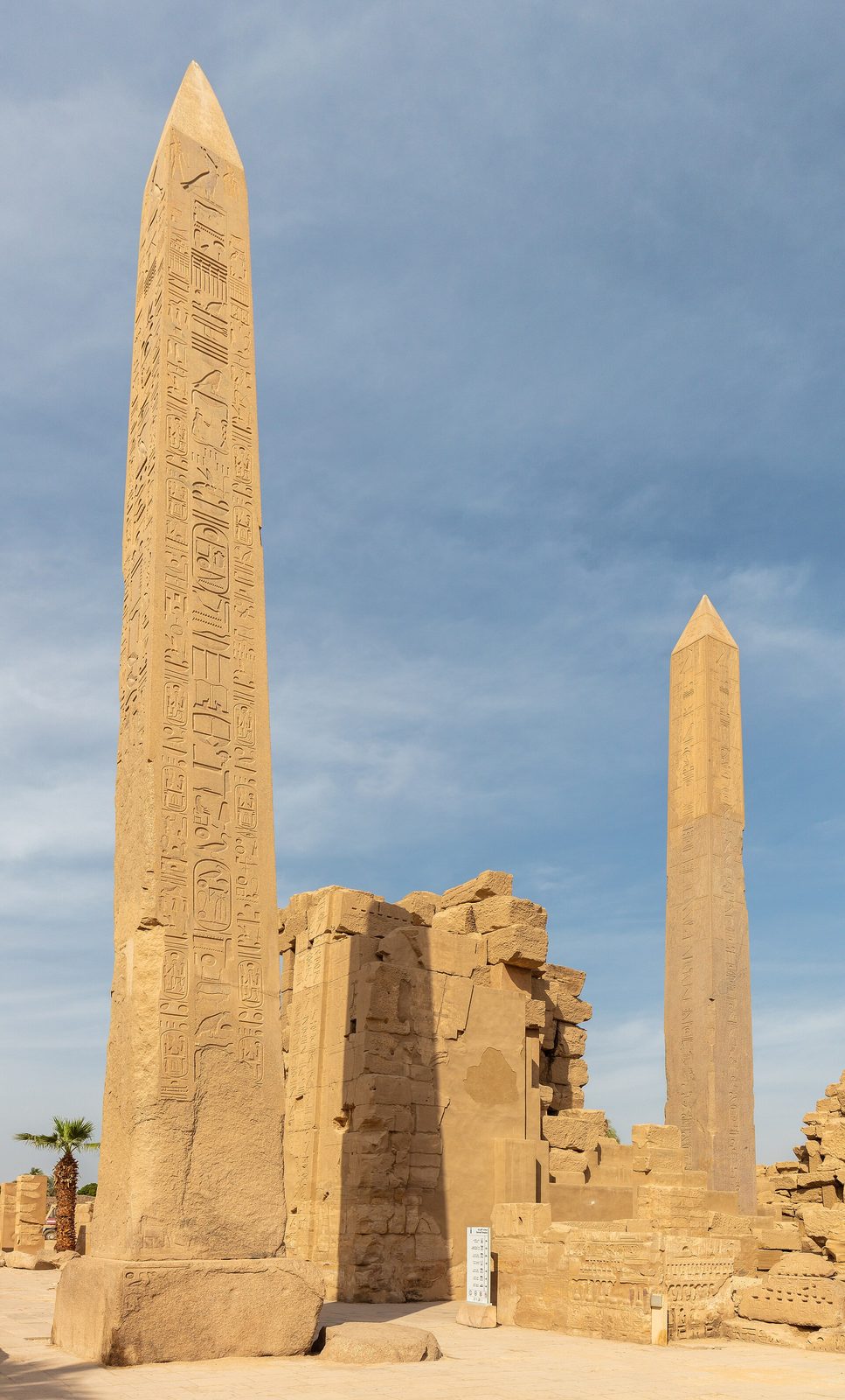 The two standing obelisks at Karnak: the obelisk of Thutmose I in the foreground, Hatshepsut's taller needle behind it