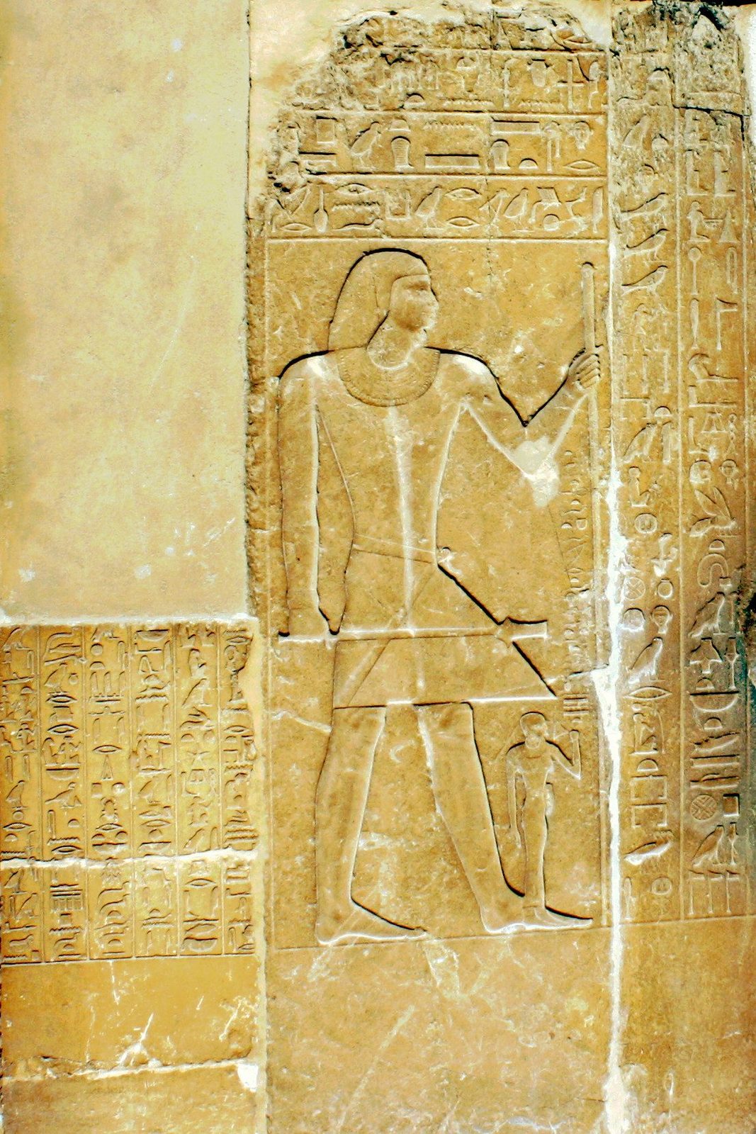 Relief in the mastaba of Mereruka at Saqqara: the vizier standing within a carved surround, from the largest tomb chapel of the Old Kingdom