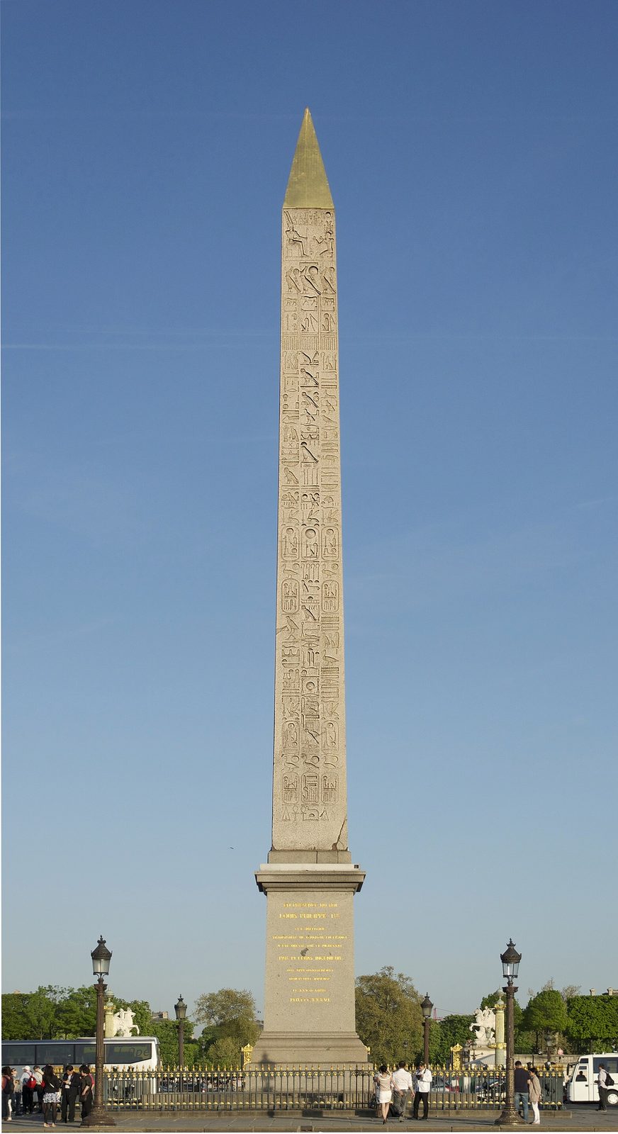 The Luxor obelisk on the Place de la Concorde, Paris: one of the pair from Luxor Temple's pylon, re-erected in 1836 and later given a gilded cap
