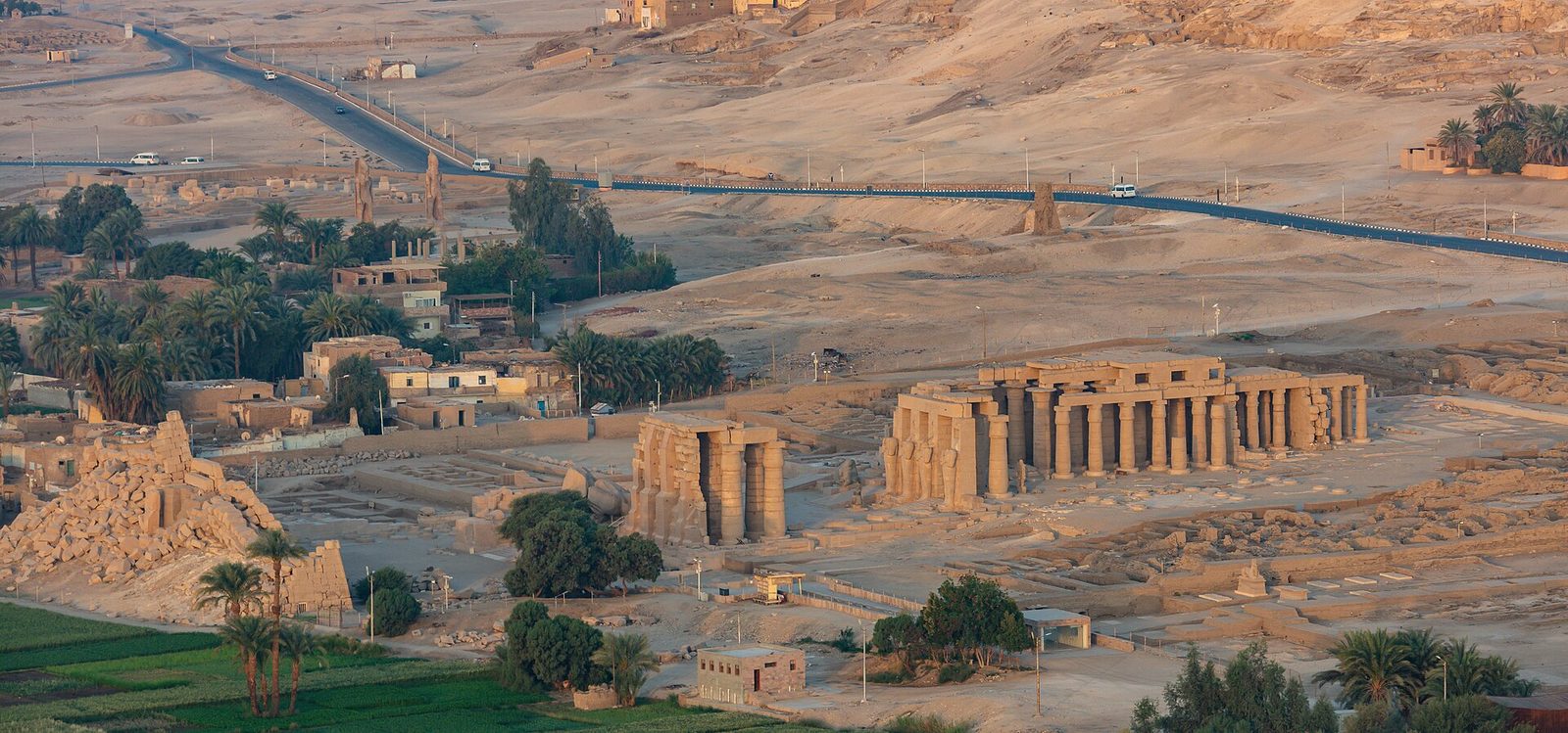 The Ramesseum from the air: the mortuary temple of Ramesses II with its hypostyle hall, courts and mudbrick storehouses around