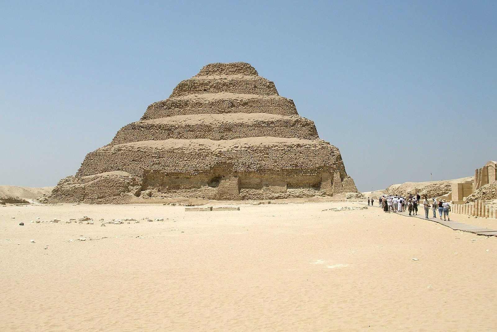 The Step Pyramid of Djoser at Saqqara from the south: six great steps of stone, the first pyramid in Egypt