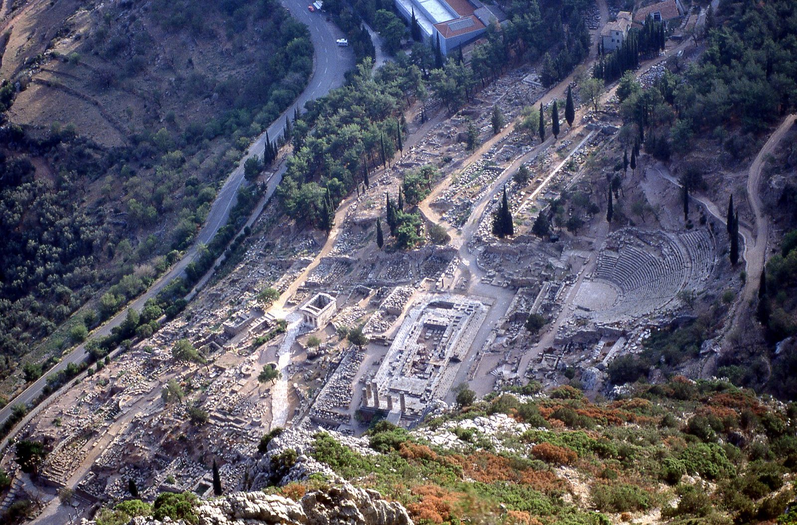 The sanctuary of Apollo at Delphi seen from above: theatre, temple foundations and the Pleistos valley