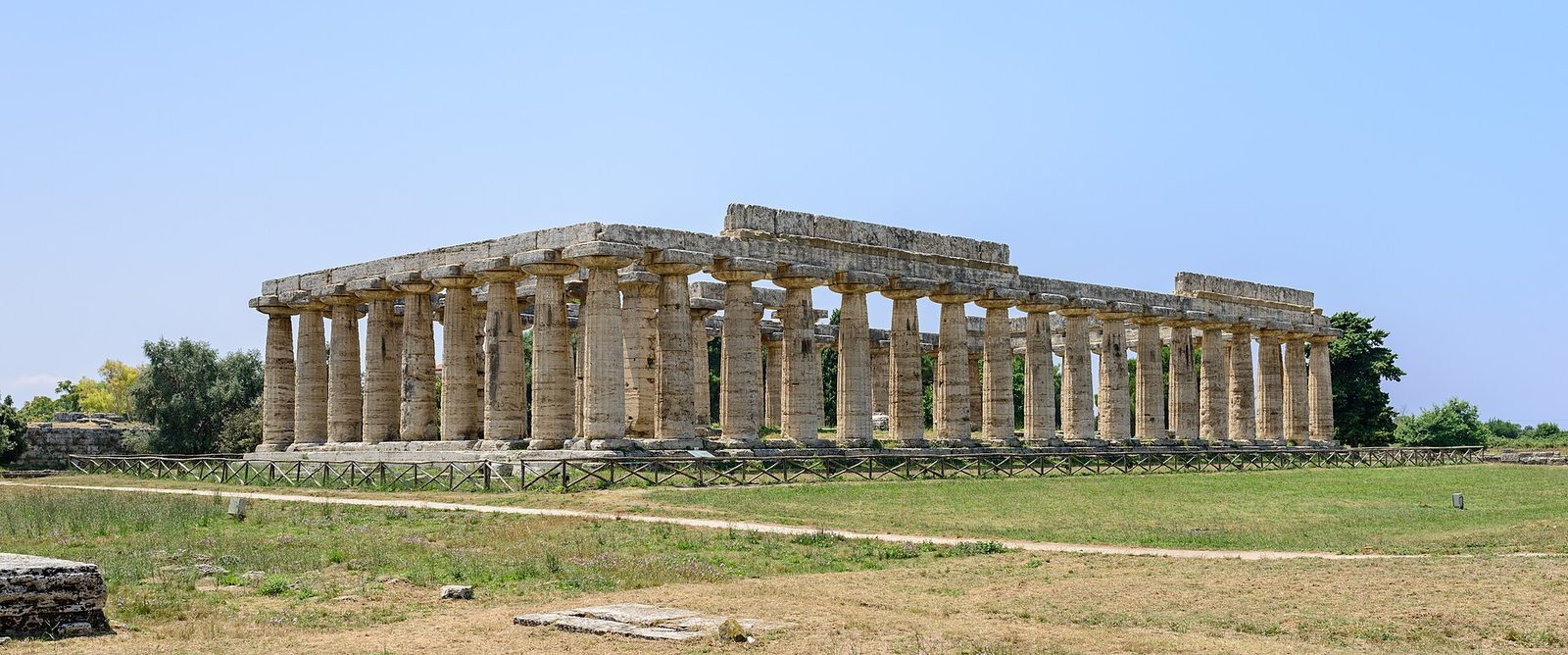 The Temple of Hera I at Paestum: heavy Archaic Doric columns under a deep entablature