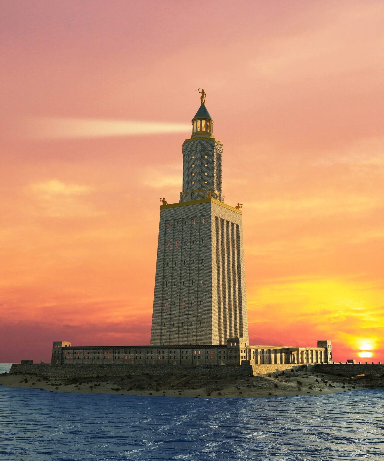 A modern reconstruction of the Pharos lighthouse of Alexandria at sunset