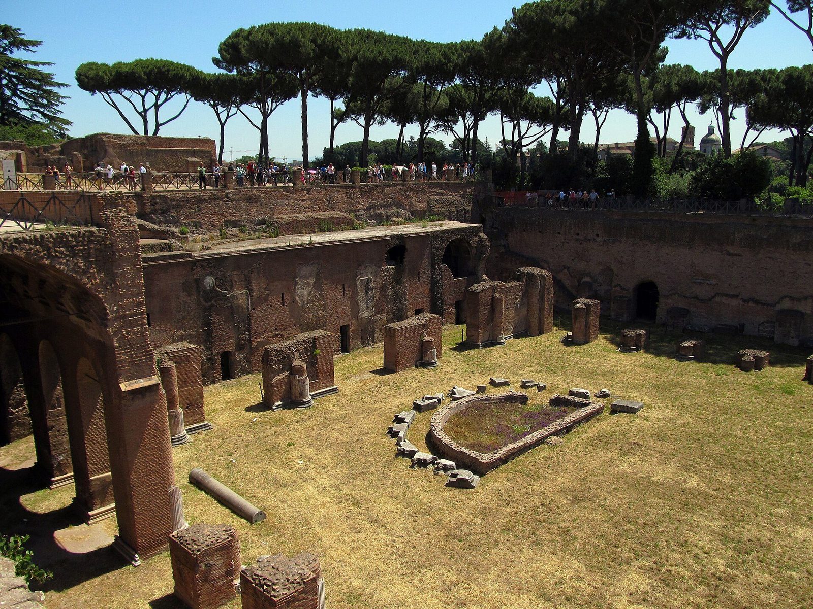 The stadium garden of the Domus Augustana on the Palatine Hill in Rome: the long sunken garden court with its curved end, ringed by the palace ruins