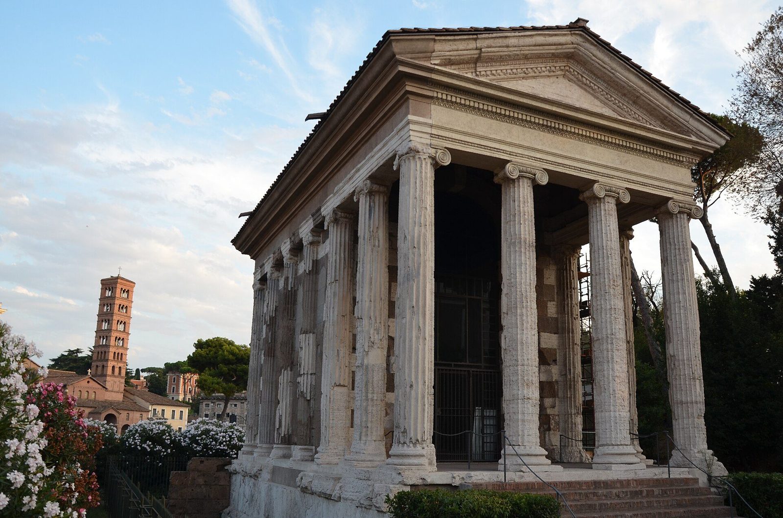 The Temple of Portunus in the Forum Boarium, Rome: the small Ionic temple on its high podium, its columns still carrying the full entablature