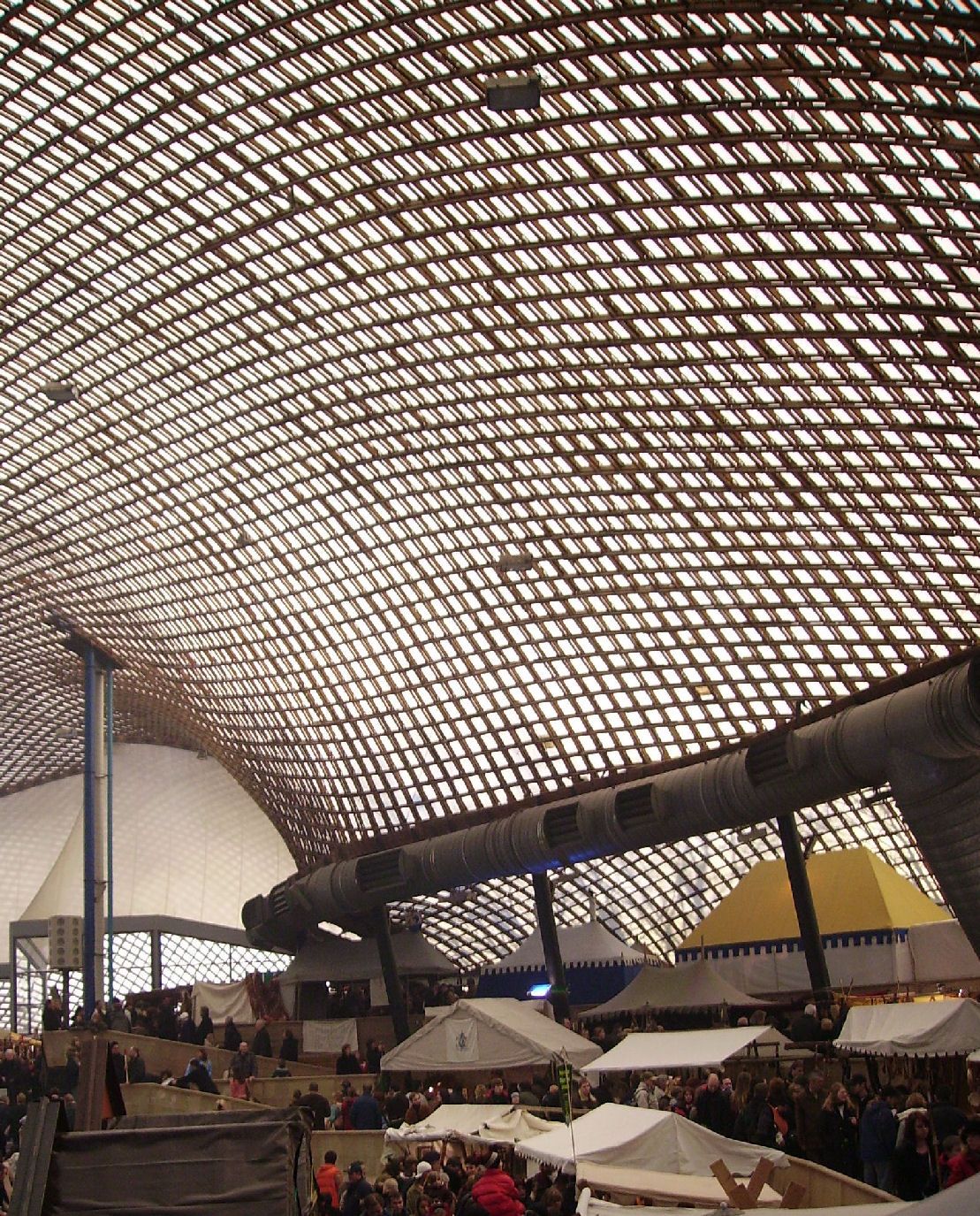 Inside the timber gridshell of the Mannheim Multihalle by Frei Otto (1975)