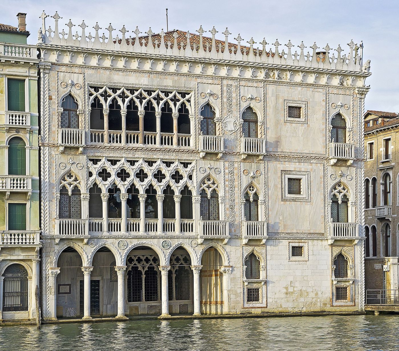 Ogee arches in the Venetian Gothic tracery of the Ca' d'Oro on the Grand Canal