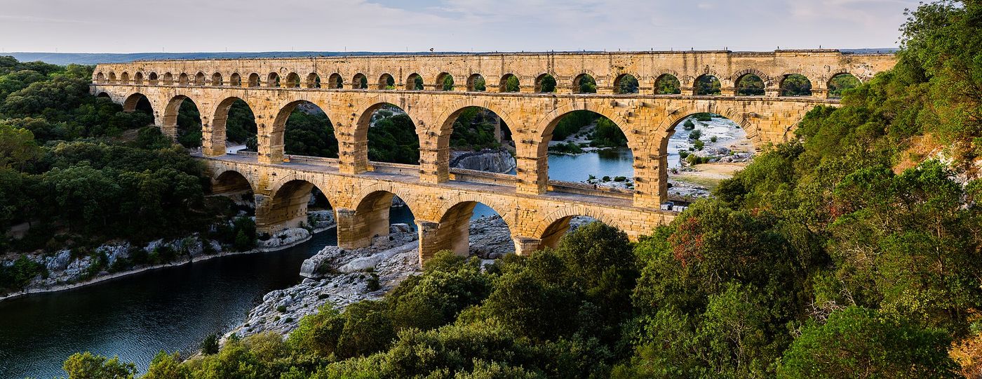 The Pont du Gard in southern France, three tiers of Roman arches carrying an aqueduct