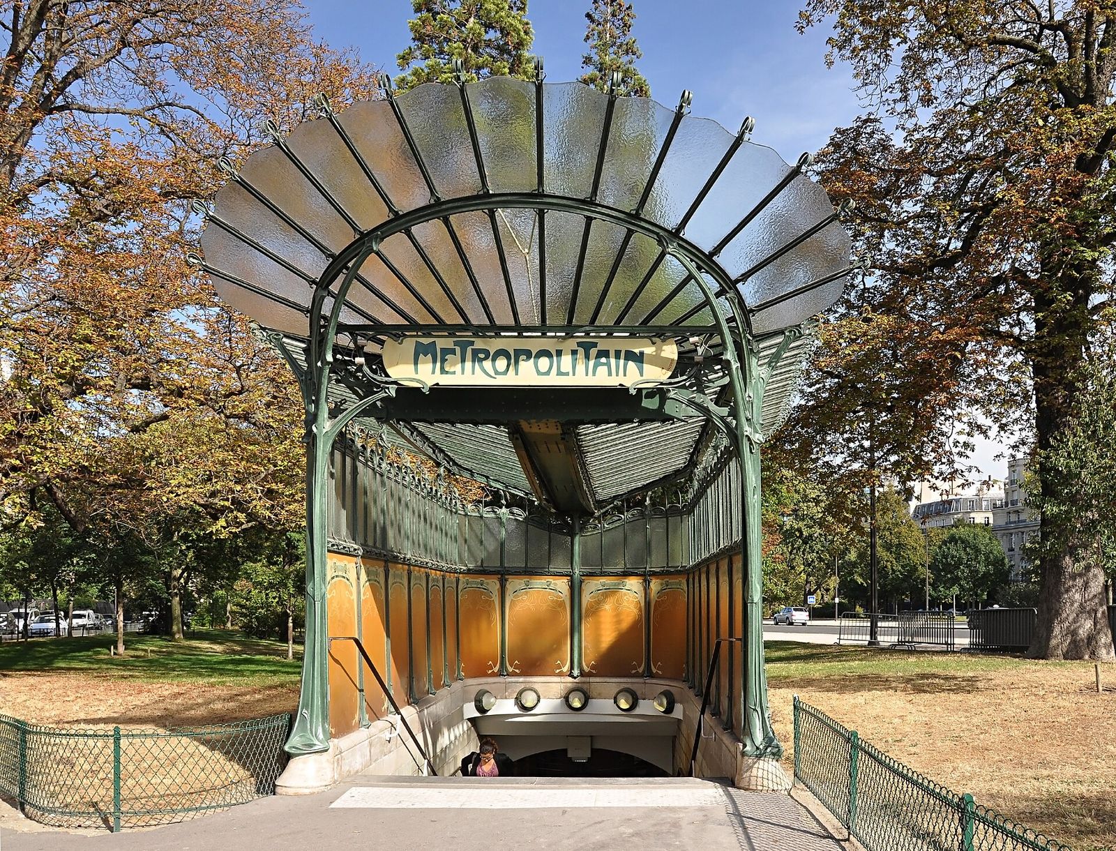 The Porte Dauphine Métro entrance in Paris, Hector Guimard's covered pavilion of curling iron and amber glass