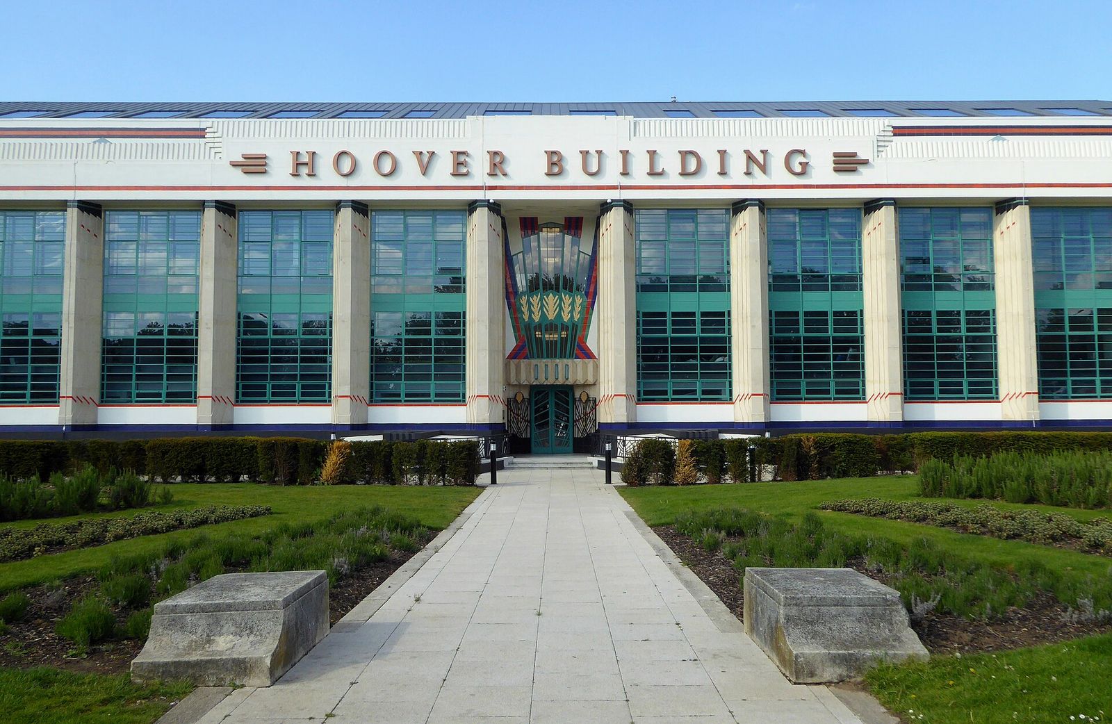 The Hoover Building in Perivale, London, its Egyptianising facade across the lawns