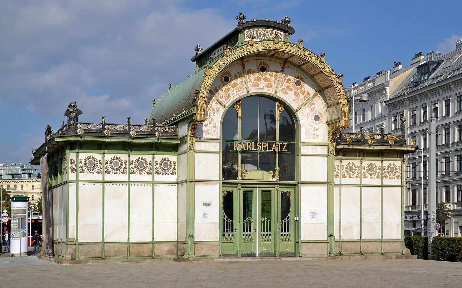 Otto Wagner's Karlsplatz pavilion in Vienna, marble panels and gilt ornament on an iron frame