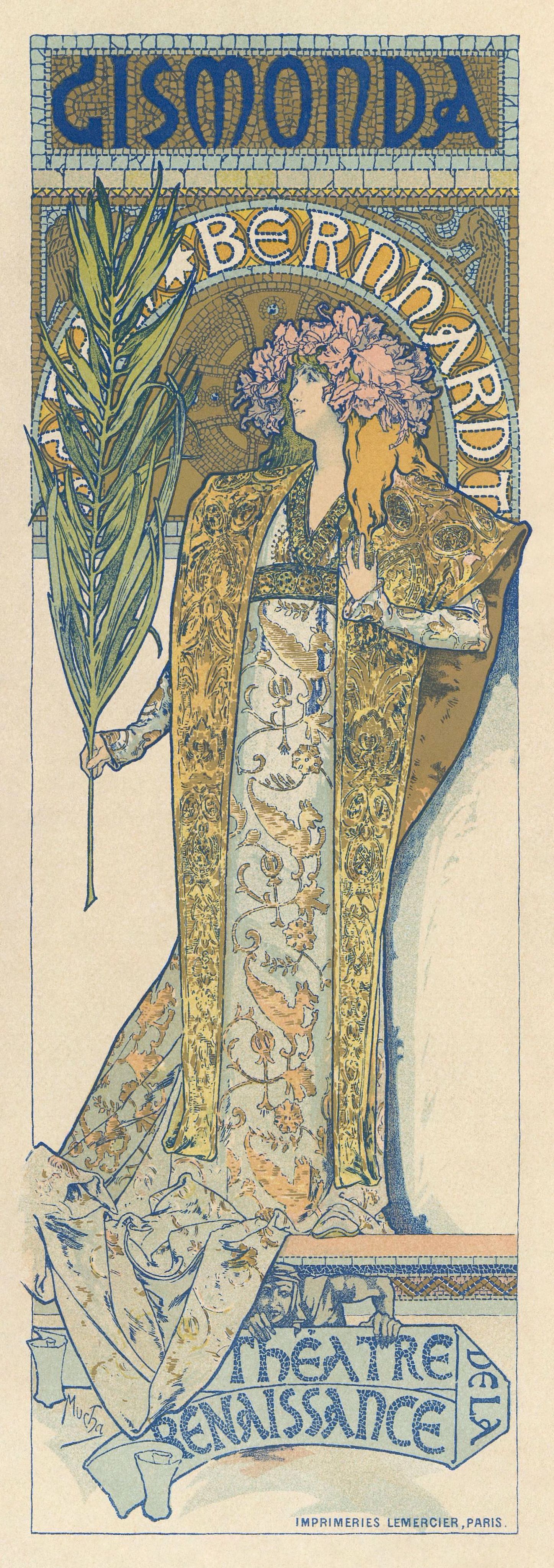 Alphonse Mucha's poster for Gismonda (1894), Sarah Bernhardt robed and haloed in gold