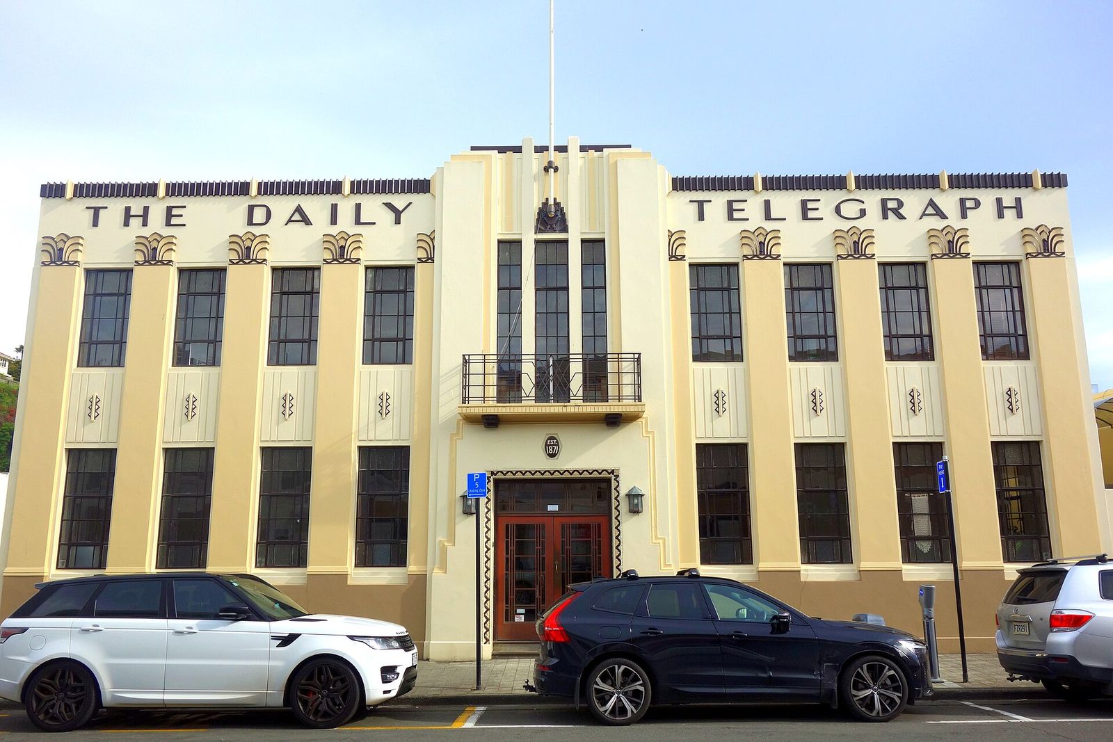 The Daily Telegraph building in Napier, New Zealand, lettered across its Deco facade