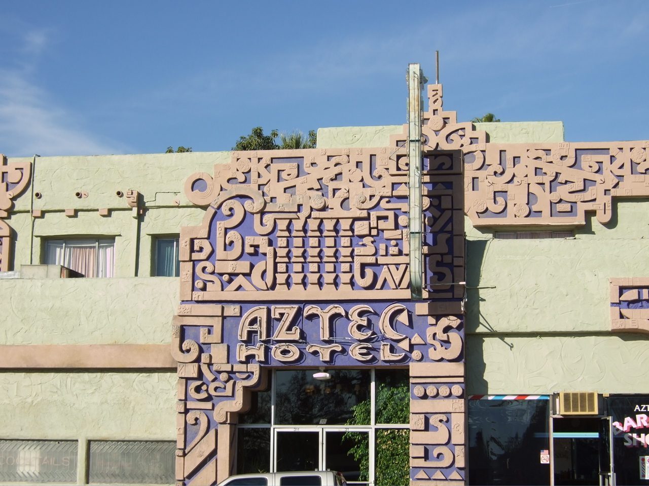 The richly glyph-carved entrance front of the Aztec Hotel in Monrovia, California