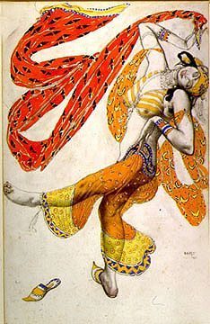 Léon Bakst's costume design for Schéhérazade — a dancer in orange, gold and crimson