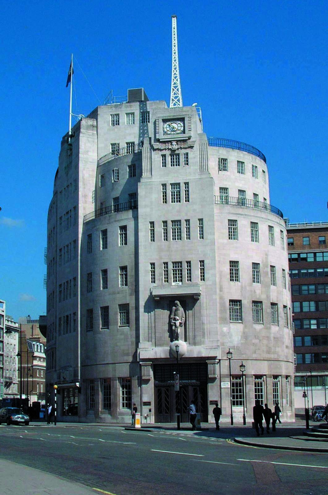The curved stone prow of Broadcasting House in Portland Place, London