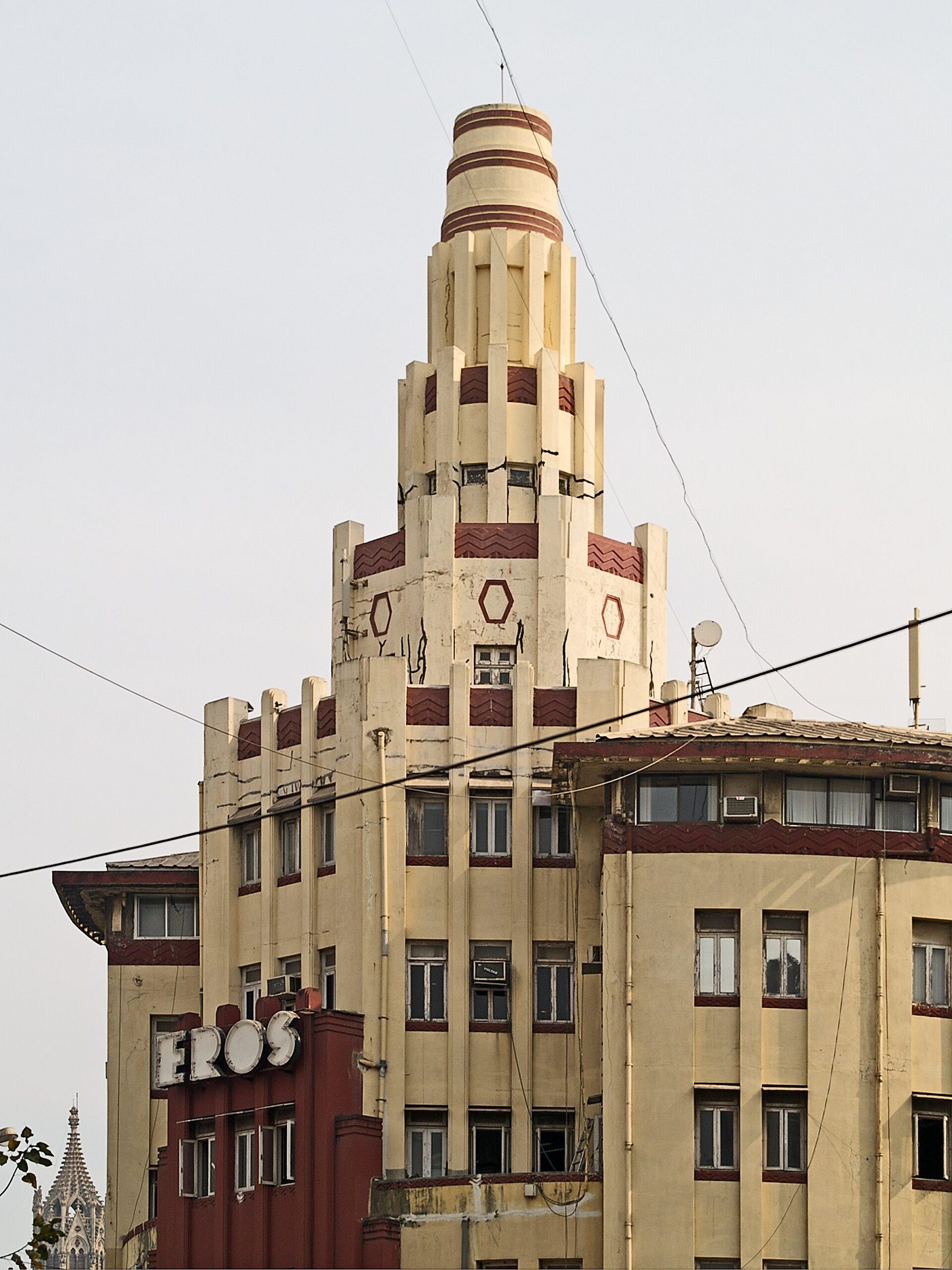 The stepped red and cream tower of the Eros Cinema, Mumbai