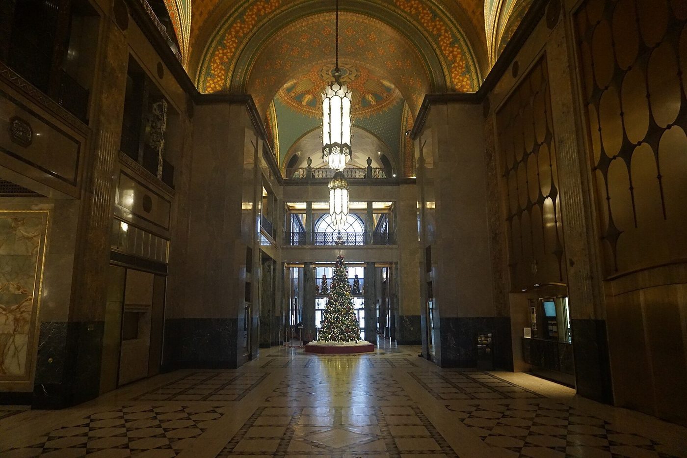 The vaulted, frescoed arcade of the Fisher Building, Detroit