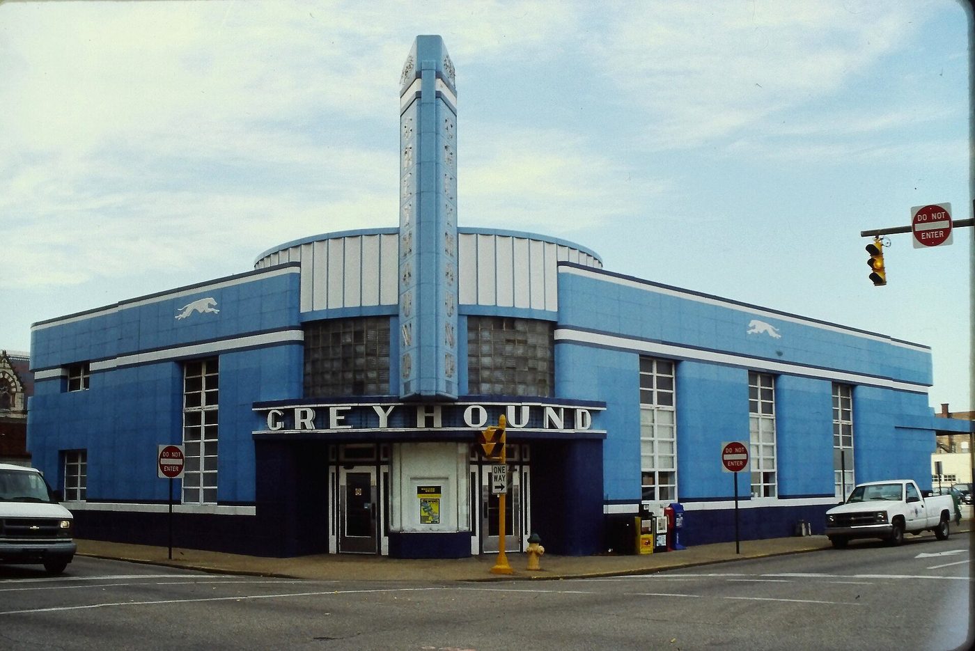 The blue Streamline Moderne Greyhound bus terminal at Evansville, Indiana