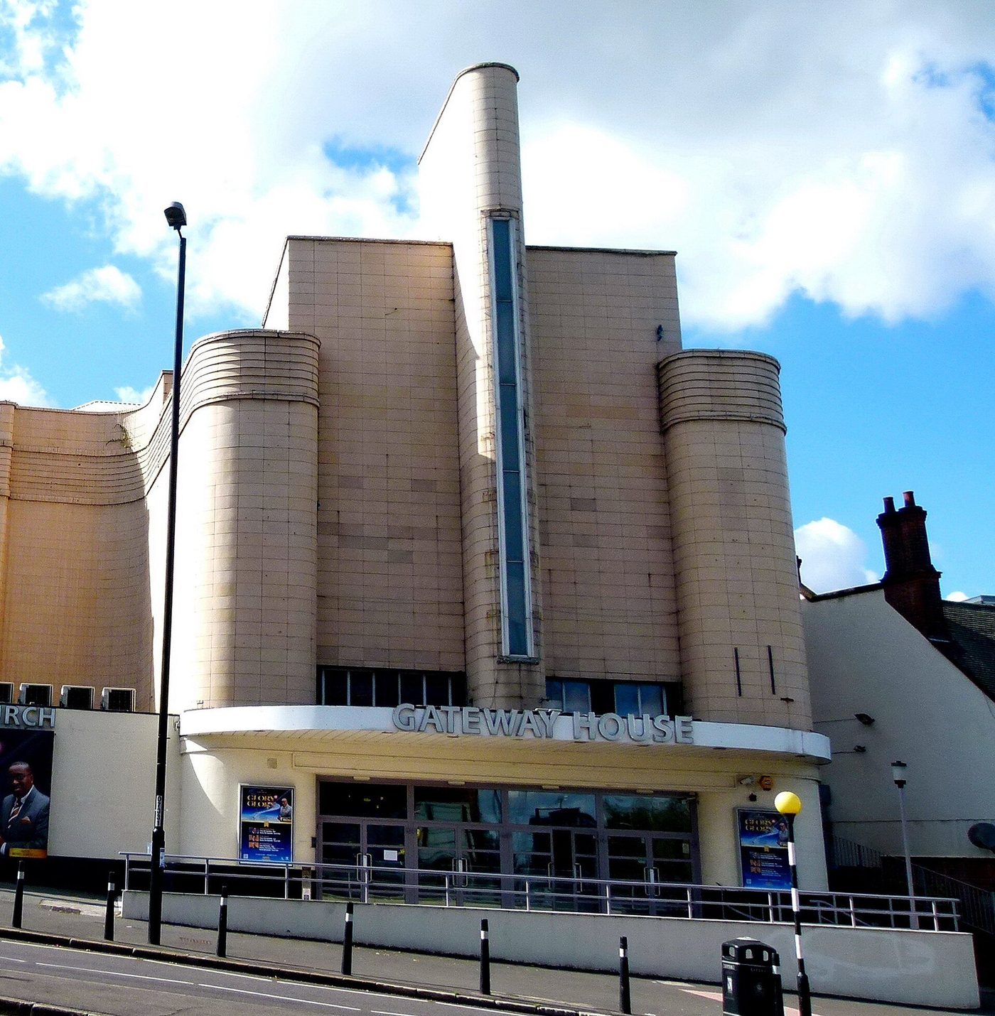 The former Odeon Cinema at Woolwich, London, a white streamlined block with a fin tower