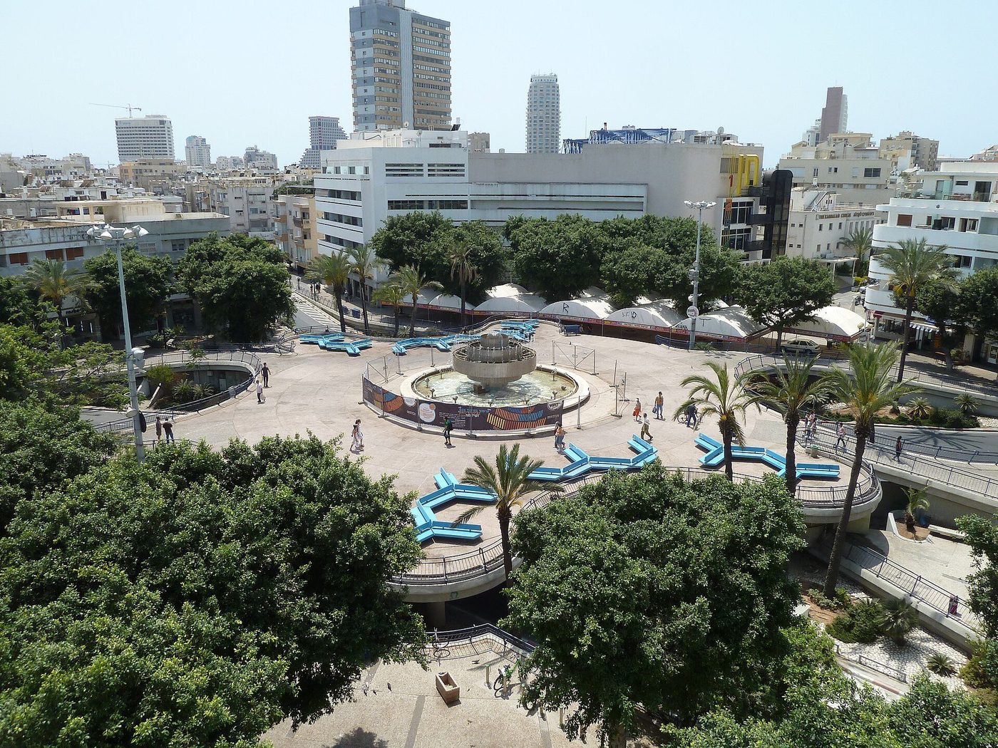 Dizengoff Square in Tel Aviv seen from the Cinema Hotel balcony, with its fountain and circular plaza