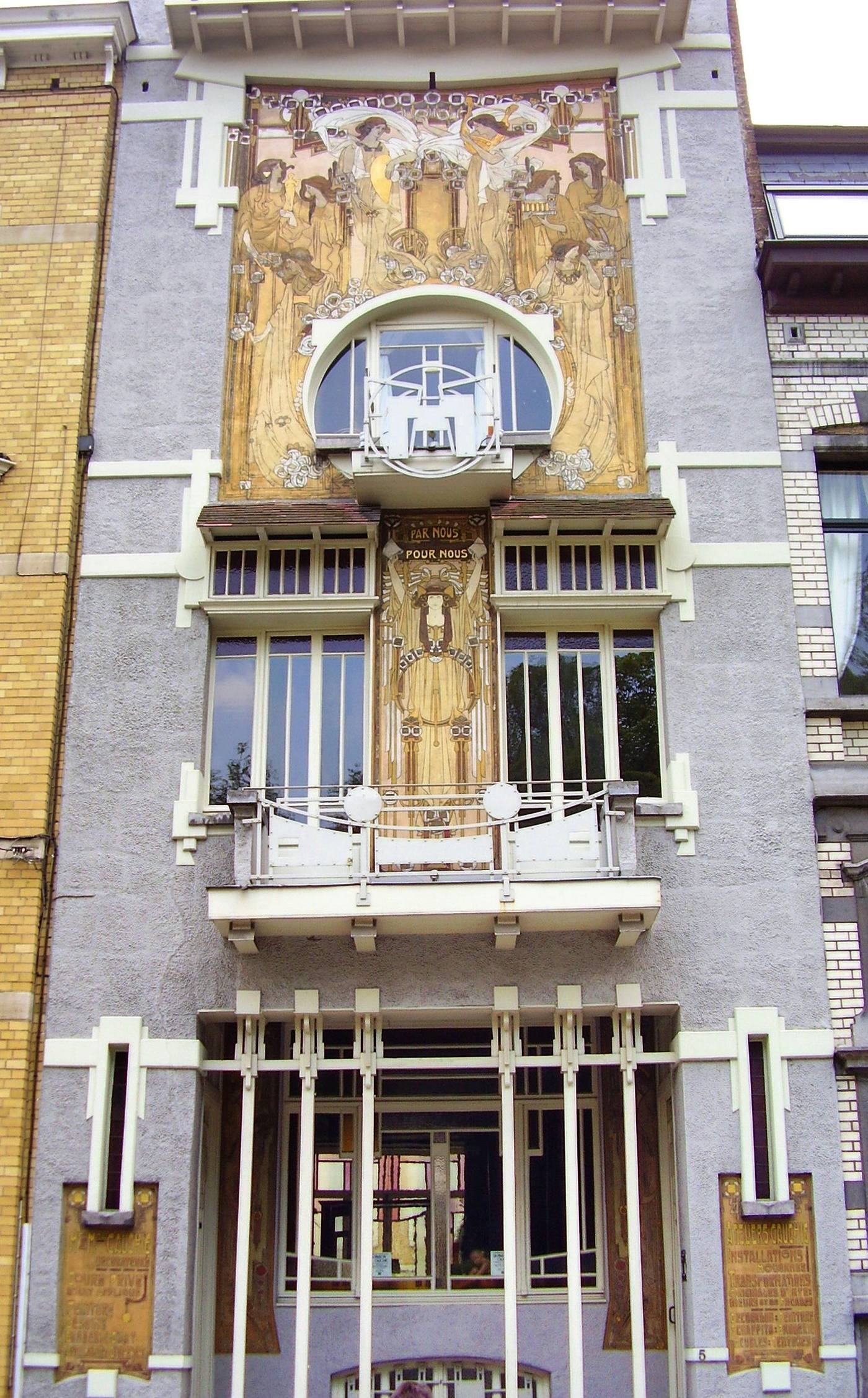 The restored sgraffito facade of Maison Cauchie in Brussels
